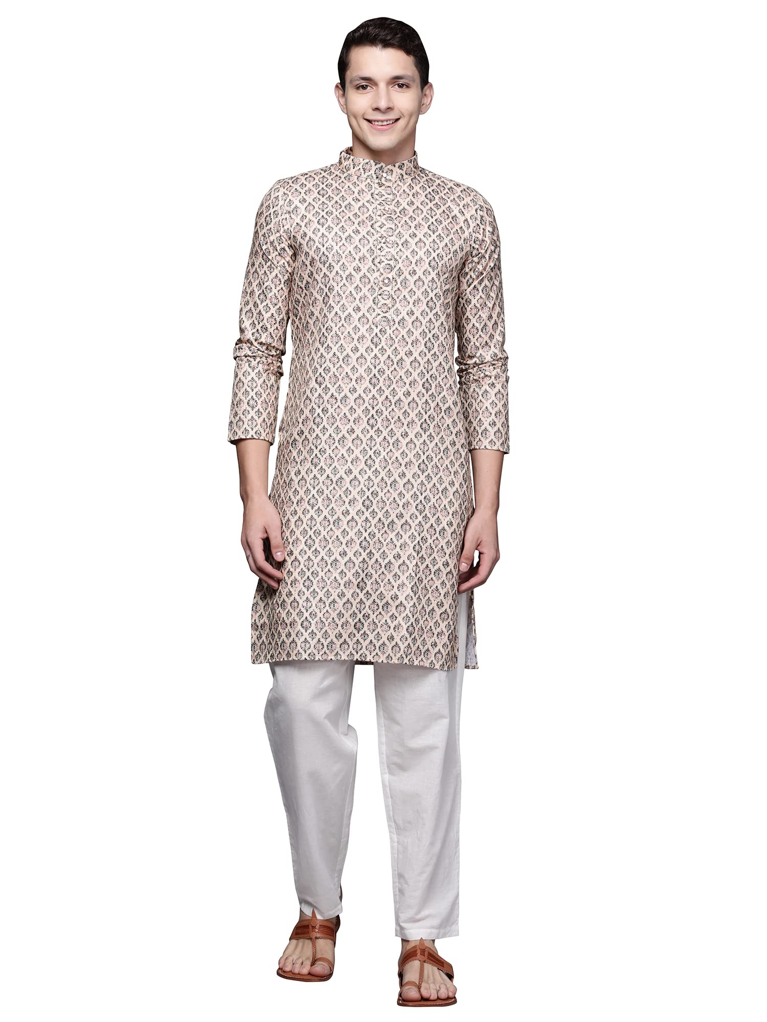 Indo Era Men's Cotton Printed Festive Straight Long Kurta (MKT0BR1230_Brown_Ready to Wear_S to 2XL-Size) in brown