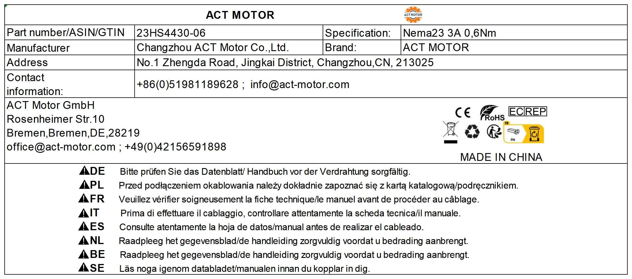 DE-SHIP FREE 1PC 23HS4430-06 Nema23 Stepper Motor Bipolar 41mm 85oz-in D-Shaft 3A 1.8°CNC OEM ACT MOTOR GmbH