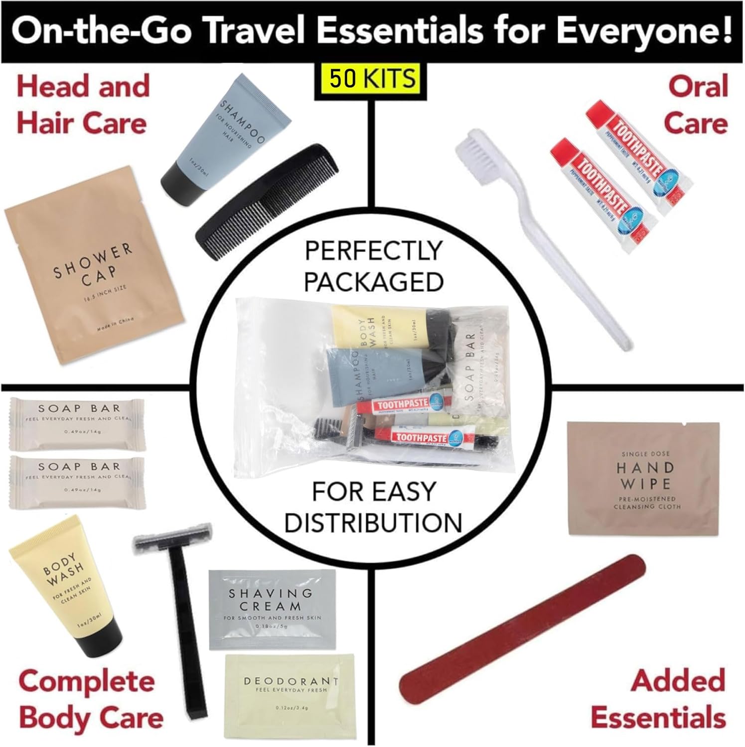 Trail maker (50 Pack) Bulk Hygiene Kits – 15-Piece Toiletry Set per Pack for Homeless Care, Travel, Emergency Shelters, TSA Friendly Essentials & Charity Donations