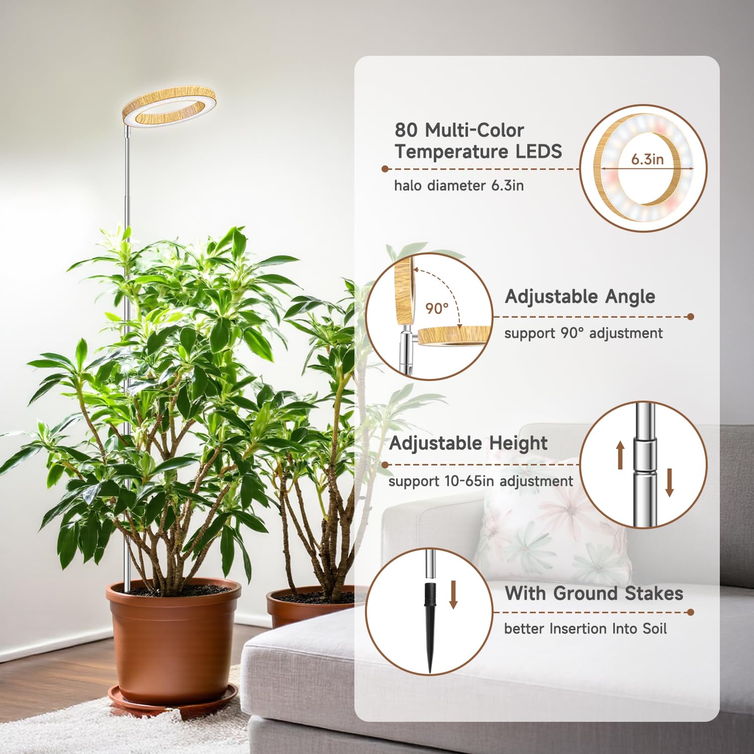 Aokrean Pflanzenlichter für den Innenbereich, 16 cm, Vollspektrum, Kunstholzmaserung, Wachstumslampe, 80 LEDs, höhenverstellbar, 25,4 cm - 165,1 cm, 6/12/16H Timer, 3 optionale Spektren, 5