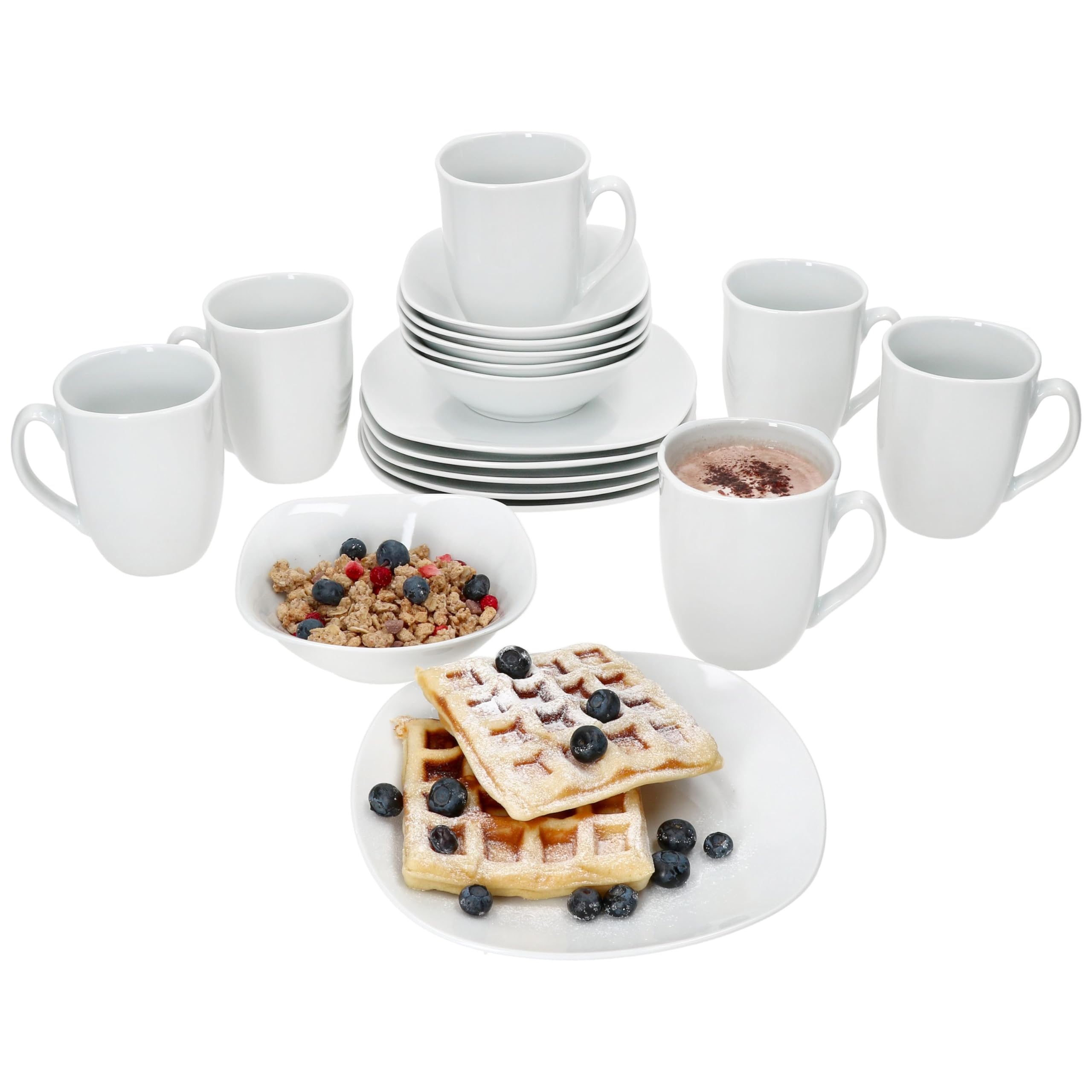 MamboCat Lotta 18tlg Frühstücksset I weißes Porzellan-Geschirr für Frühstücks- & Kaffeezeit I Je 6X Teller, Schale 250ml & Kaffeebecher 300ml für 6 Personen