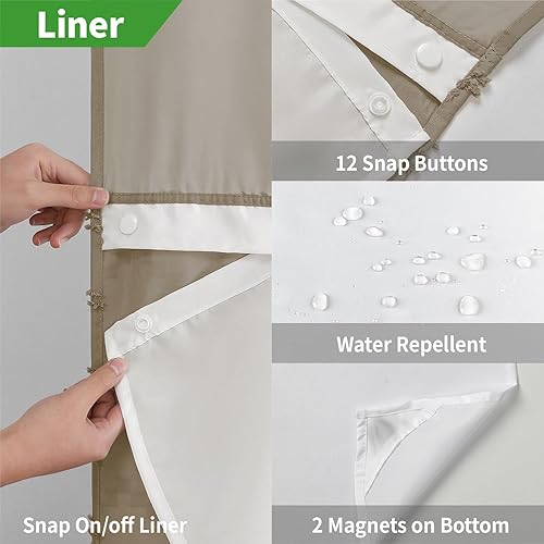 Miniatura 6 de Juego de cortina de ducha bohemia sin gancho con forro de tela a presión, 71 pulgadas de ancho x 74 pulgadas de alto (72 pulgadas), cortinas de