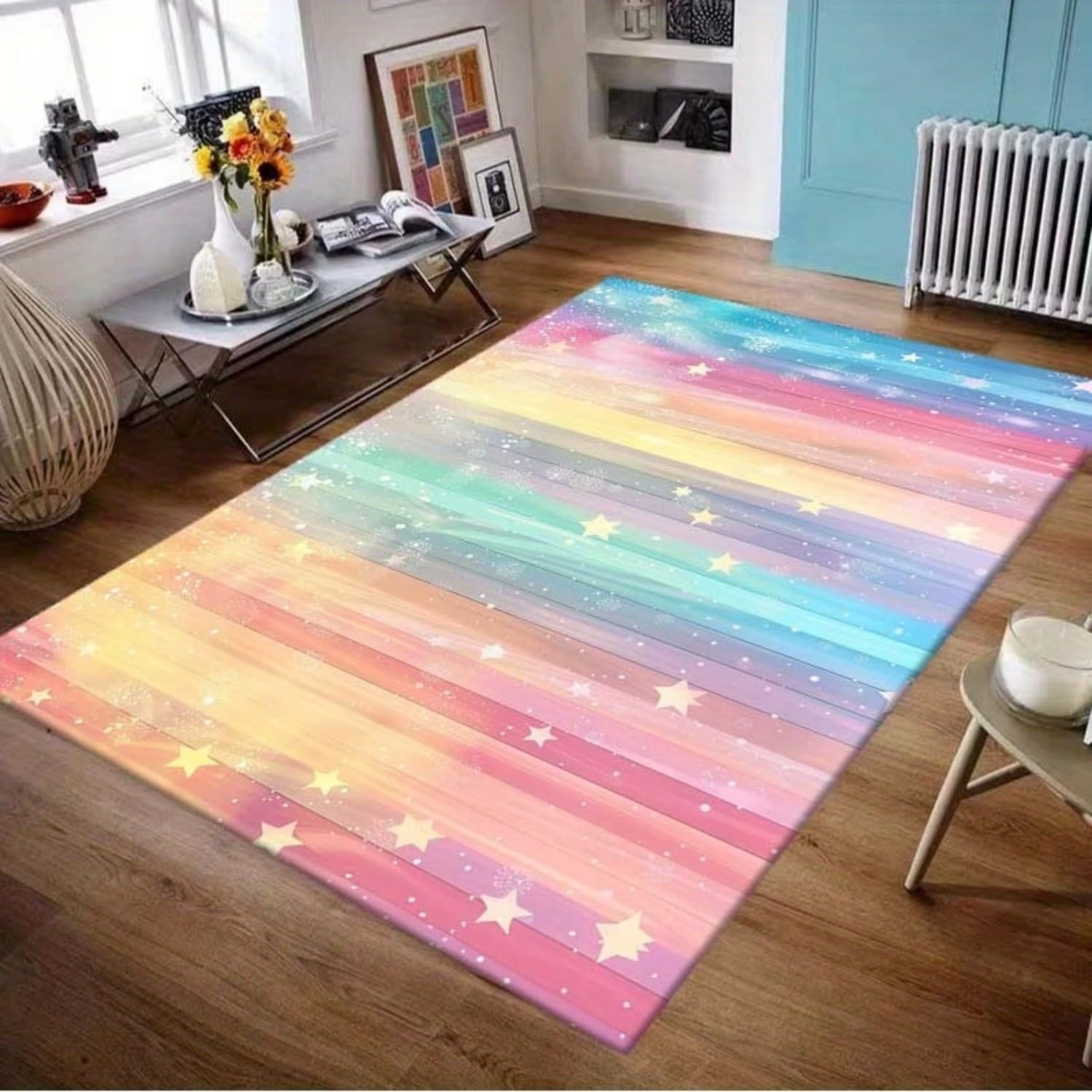 RICAUOU Rainbow Wood Grain Area Rug for Living Room, 70x140cm Colourful Pastel Shabby Chic Carpet, Large Non-Slip Washable Starry Rustic Plank Rug for Bedroom, Nursery Playroom Decor