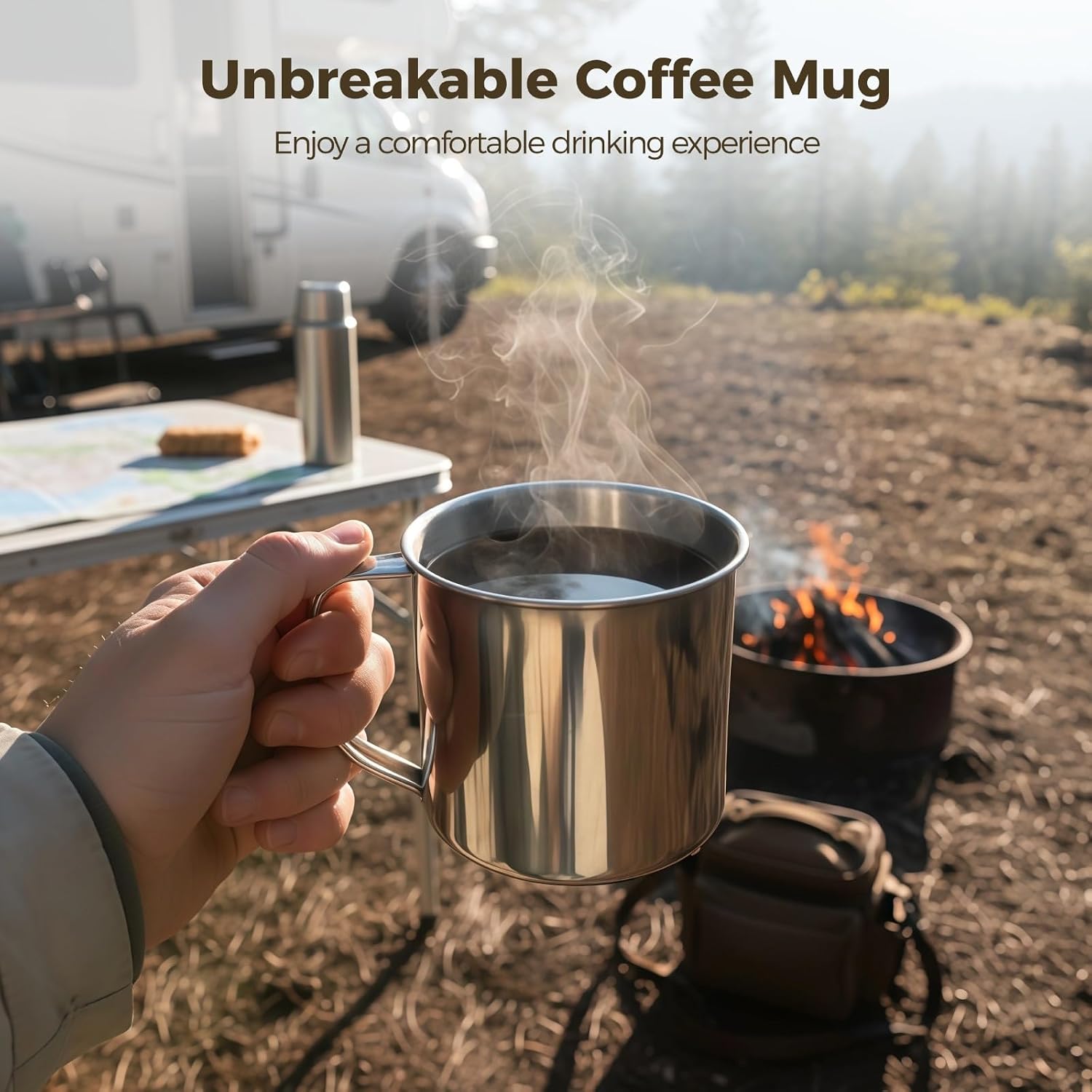 Metal Camping Cups 6 Pcs, Stainless Steel Coffee Mugs 18.6 Oz with Handle, Unbreakable Hiking Cups, Thick Bottom Drinkware, Home and Office