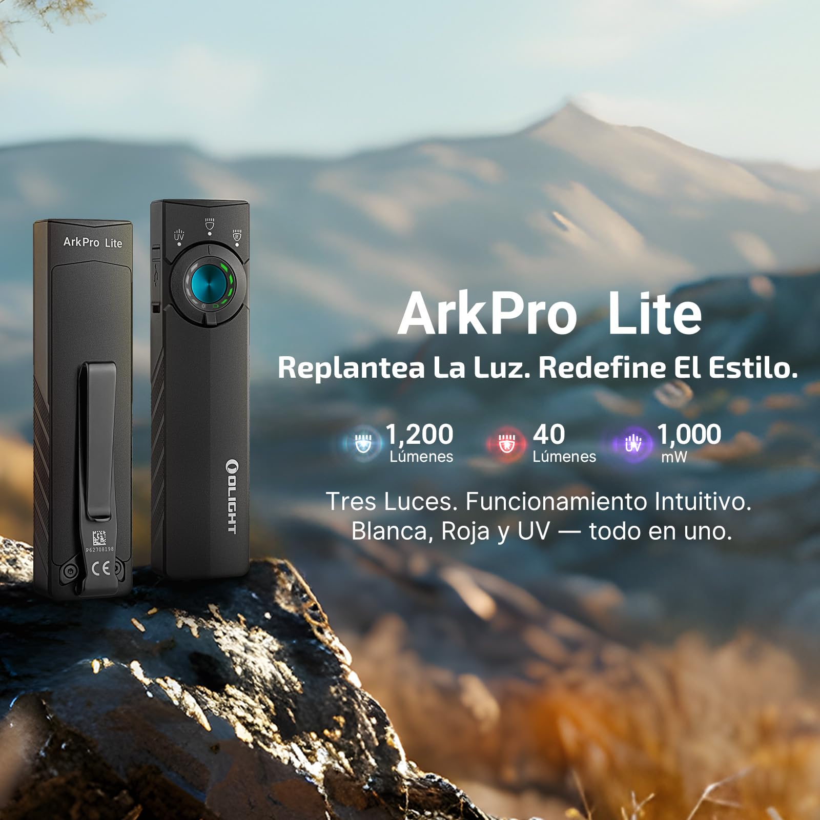 OLIGHT ArkPro Lite Pequeña linterna, con luz roja para señal SOS | 1200 lúmenes, alcance de 93 m, ideal para acampadas y actividades al aire libre, con luz roja para proteger la vista