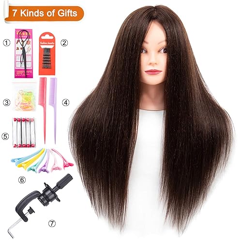 Miniatura 2 de Cabeza de maniquí de cabello humano, cabeza de maniquí de 26 pulgadas con cabello y soporte, cabeza de maniquí de cabello real 60% para niños,