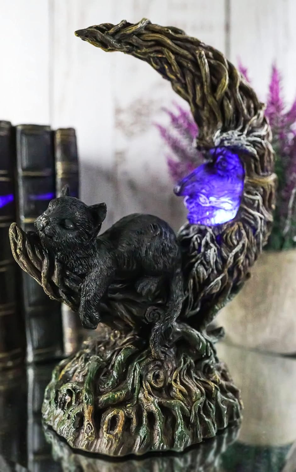 Ebros Gift Witching Hour Halloween Black Cat Sleeping On Greenman Dendritic Tree Crescent Moon Figurine with LED Night Light Face Witches Wicca Occult Feline Cats Kittens Lunar Voyage Fantasy