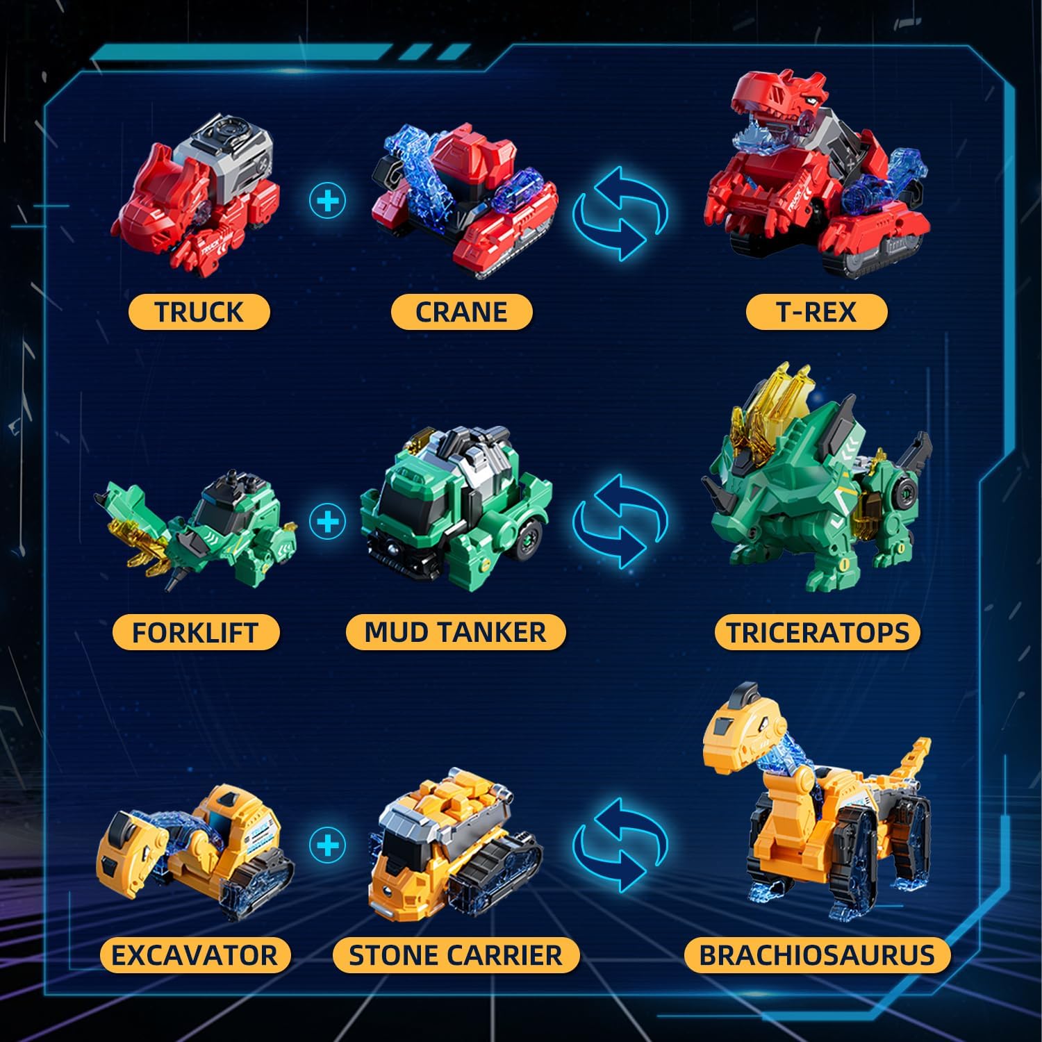 VEAIS Magnetic Transform Dinosaur Robot Toys,6 in 1 Transforming Robots Toy for Kids,Easy DIY Assembly Function,Toddler Robot Construction Vehicles Set,Educational STEM Toys for 3 4 5 6 Year Old Boys