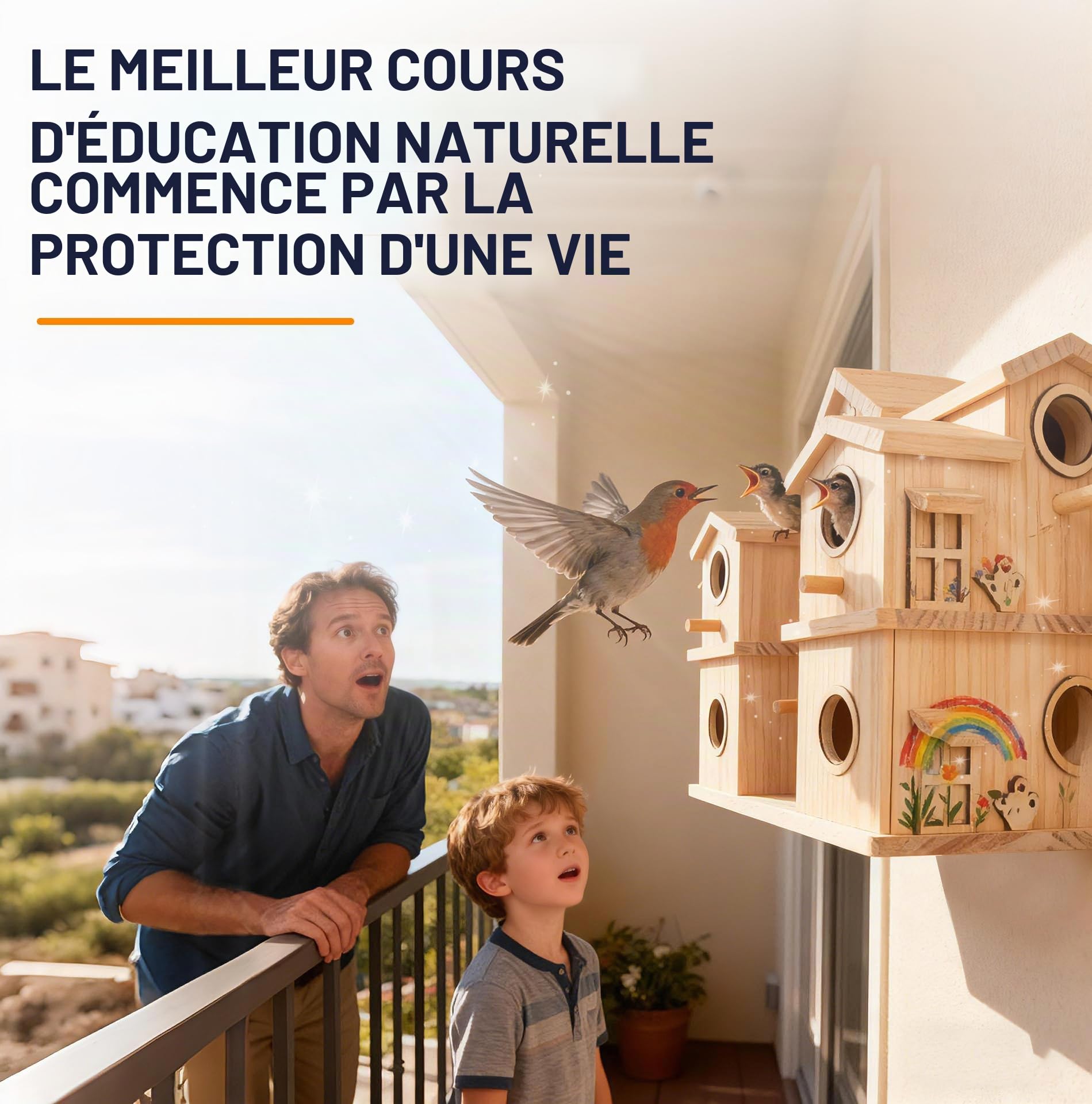 Nichoir à oiseaux en bois à plusieurs compartiments, 10 niches, pin naturel brut