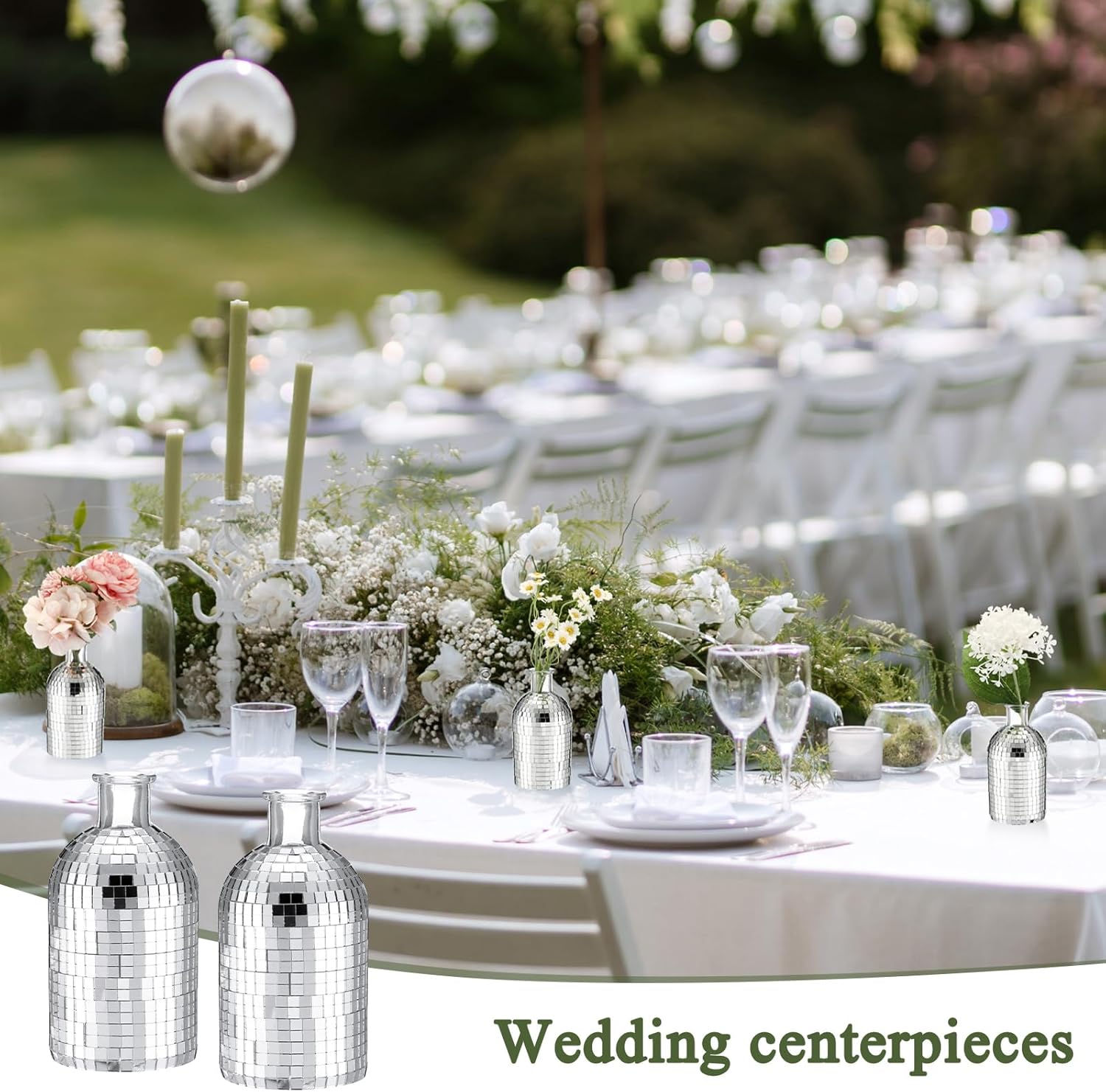 6 Pcs Disco Ball Mini Vase for Flower and Plant 5in Small Glass Bud Vase Disco Ball Planter Silver Mirror Vase for Indoor Outdoor Wedding Birthday Home Bedroom Kitchen Office Decoration