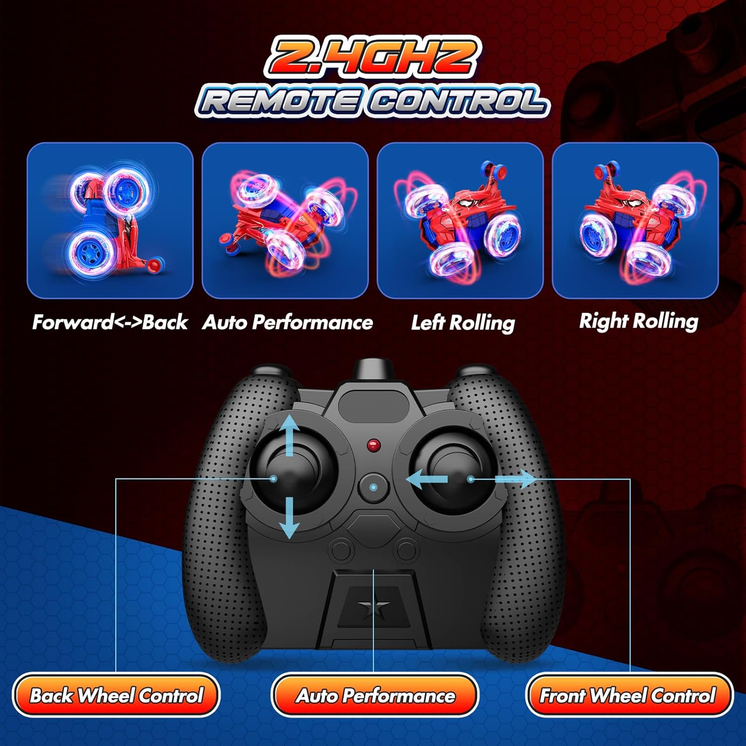 Spider remote control car rc cars toys,Cool rechargeable stunt rc car with 360 flips 4WD wheel with bright light,Fun outdoor toys gifts for kids birthday or Chritmas age 4 5 6 7 8 9 10 11 12 years old