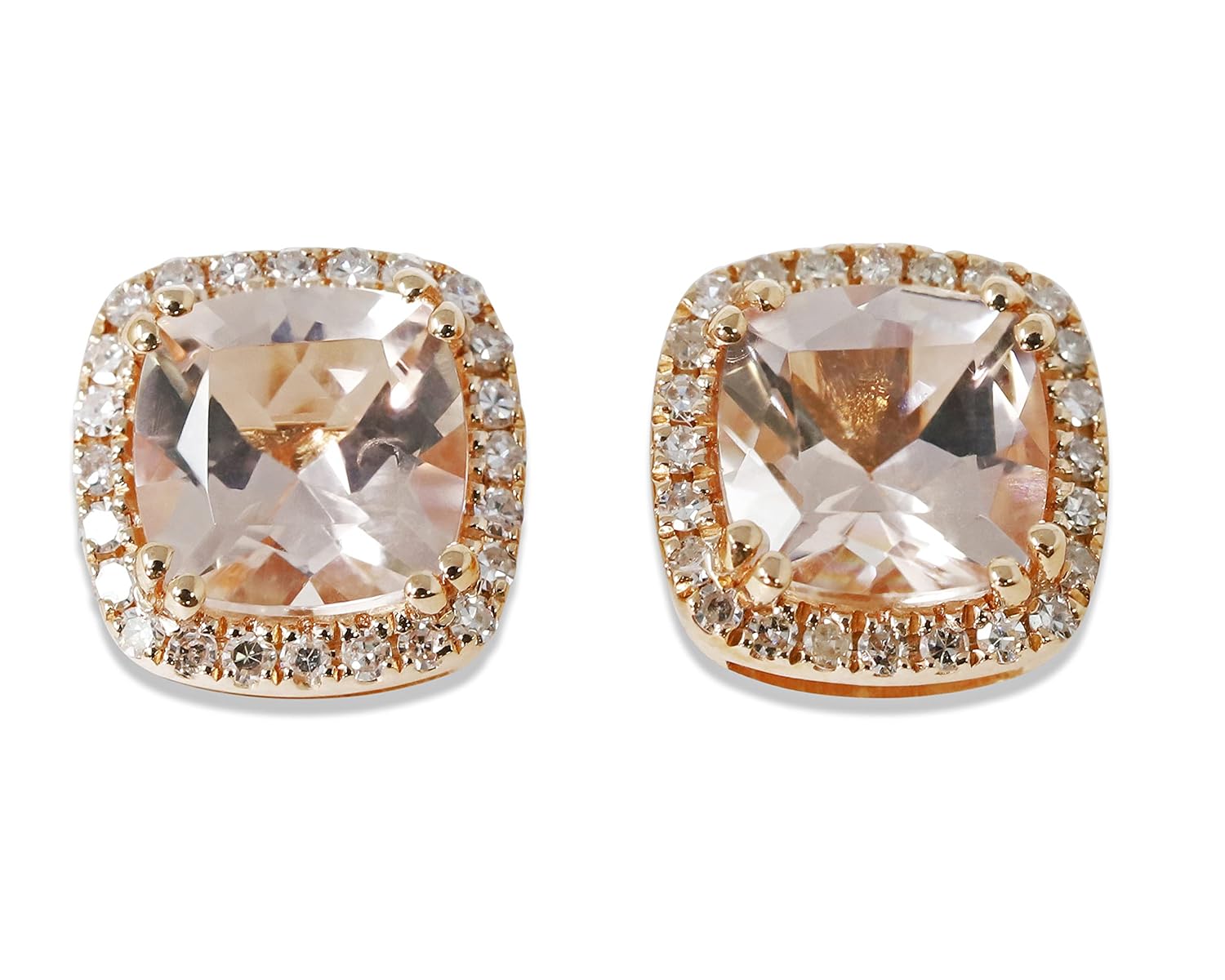 14K Solid Rose Gold Genuine Morganite 5mm Cushion, Diamond Earrings