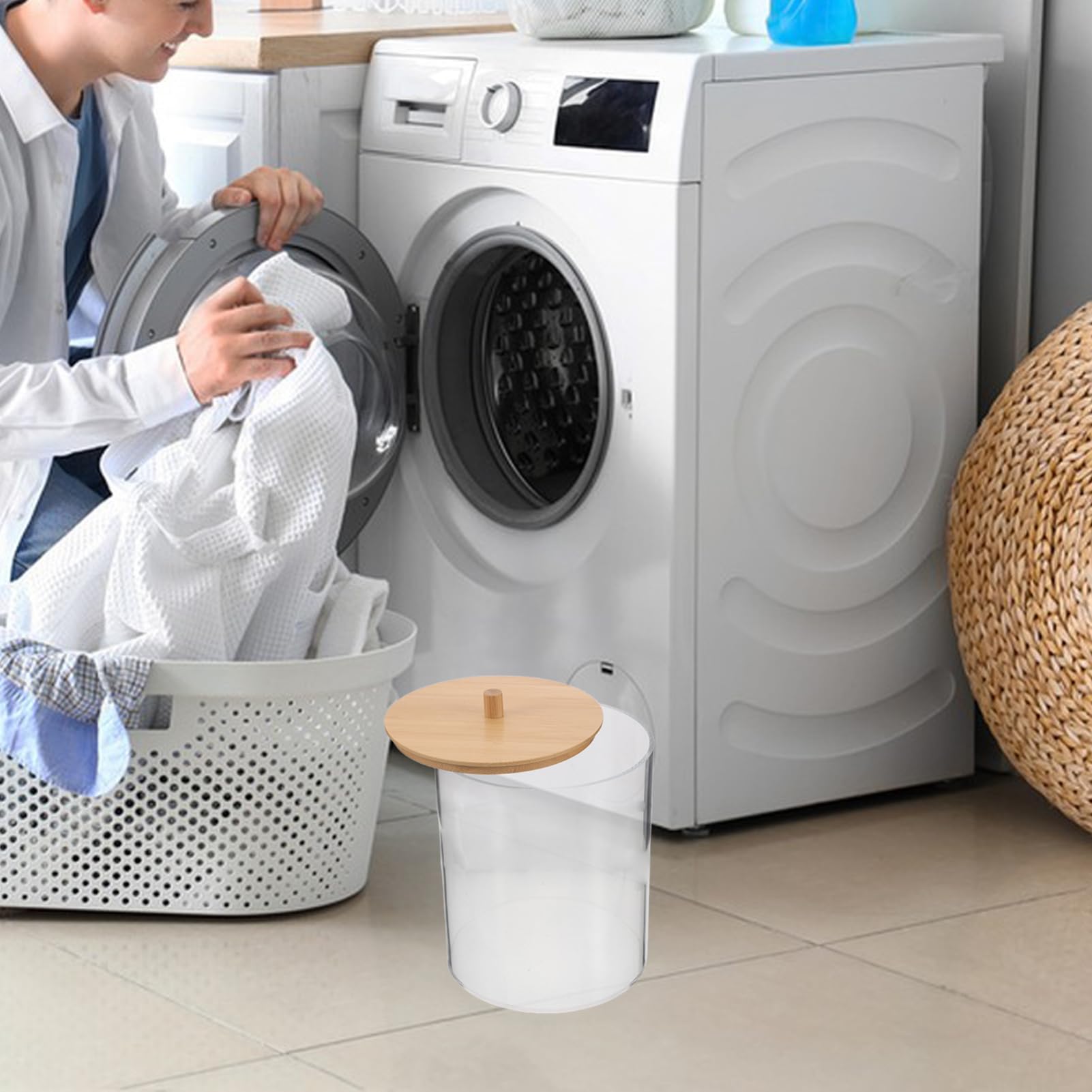POPETPOP Scatola per la carta da bucato organizer per cialde per lavastoviglie contenitore acrilico con coperchio accessori per il bucato di legno Transparent