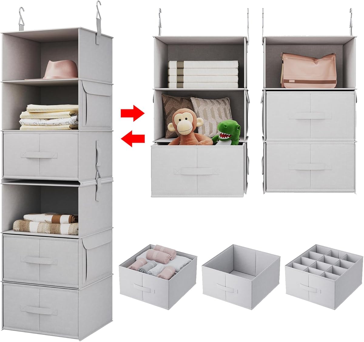 Vailando 6-Shelf Hanging Closet Organizer, 2 Separable 3-Shelf Hanging Shelves with 3 Drawers for Wardrobe, Nursery, Baby Clothes Organization and Storage