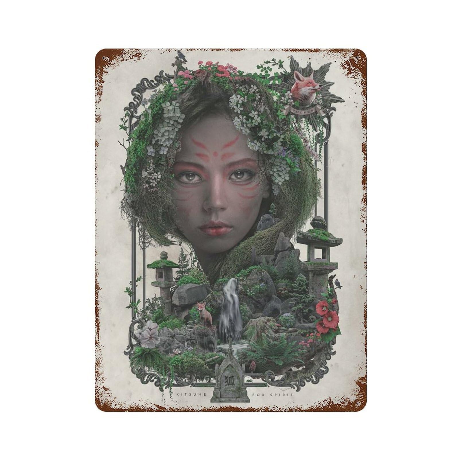 Kitsune Decorative Tin Sign 15.7"x11.8", Vintage Wall Decor for Basement, Hobby Room And Garage Decor