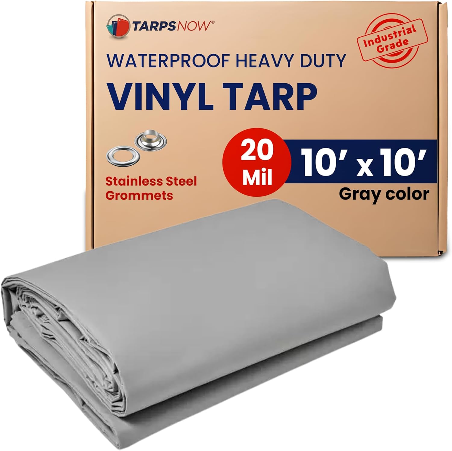 Tarps Now 10' x 10' Vinyl Tarps Heavy Duty Waterproof - 18 oz PVC Waterproof Sheet with Grommets - 20 Mil Vinyl Fabric Cover for Equipment, Truck, Roof & Outdoor Use - UV, Tear & Weather Resistant