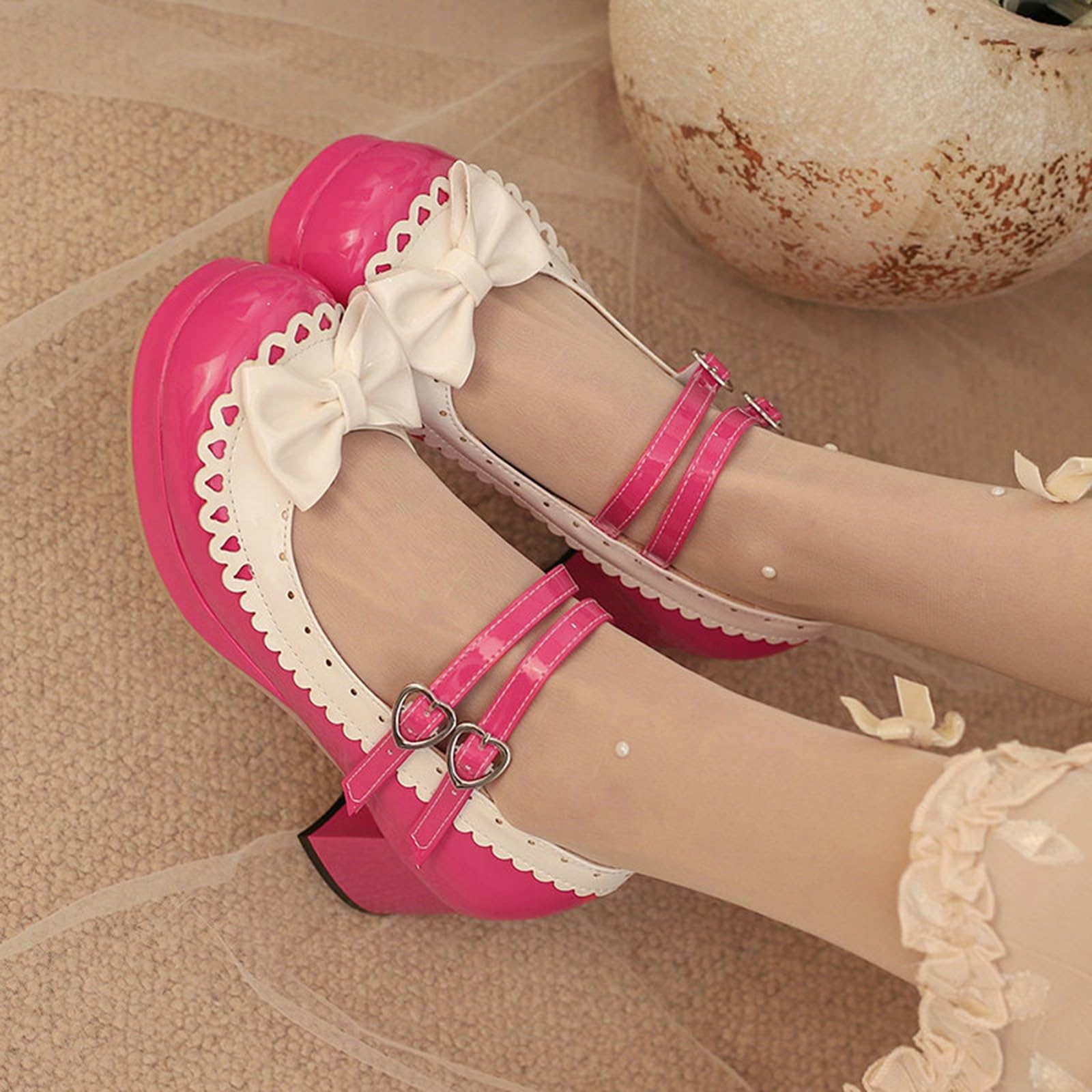 Mary Jane Schuhe Damen Plateau, Kleid Schuhe Blockabsatz Pumps Süße Lolita