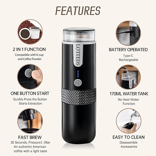 Miniatura 4 de Cafetera americana portátil, cafetera eléctrica de viaje sin calefacción, compatible con cápsulas K Cup y café molido con USB-C para oficina,