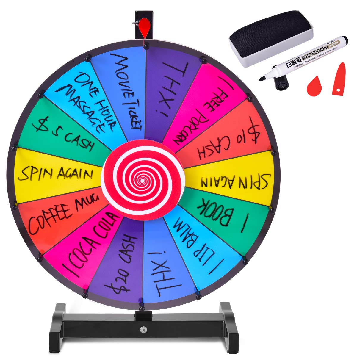 FANTASK 18" Glücksrad Spielzeug inkl. Radiergummi & Markierstift, Gluecksrad, Drehendes Preisrad für Partys, Kneipen & Messen, Rad Spiele für Lotteriespiele, Wortspiele (φ48cm)