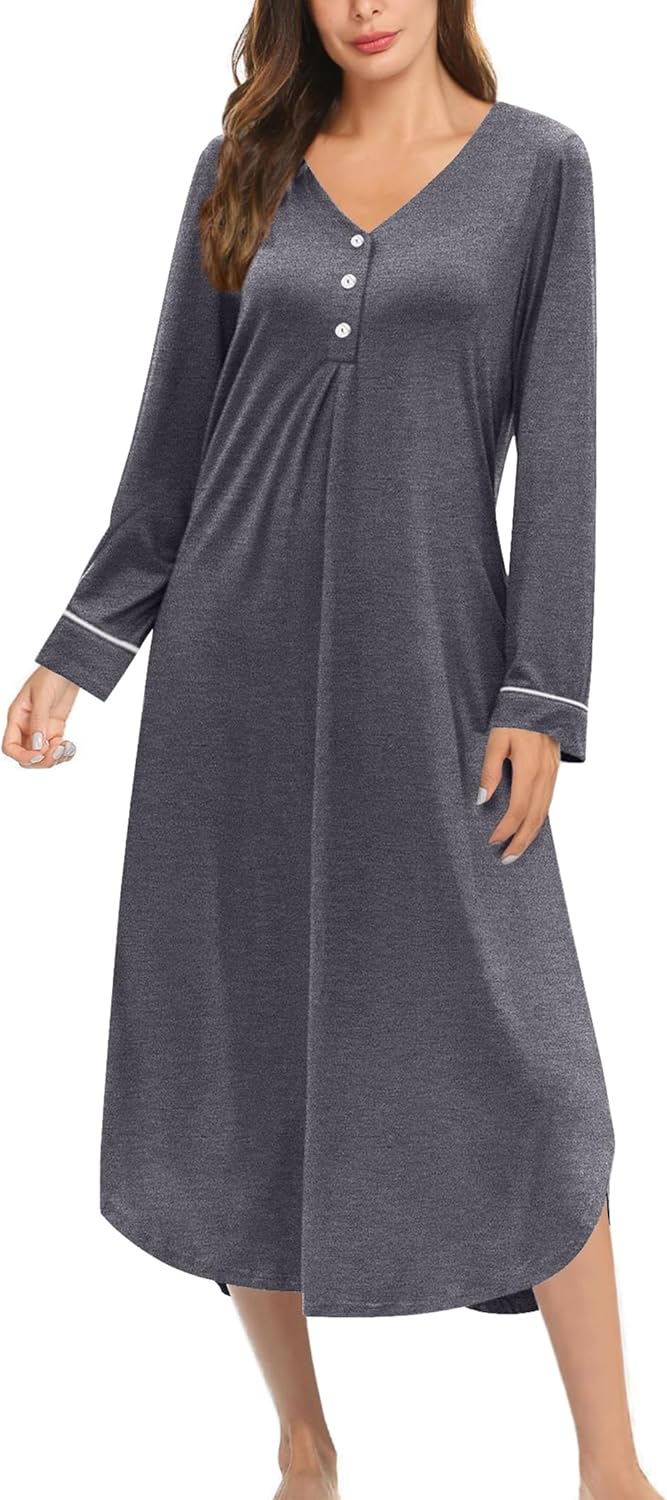 Ekouaer Nightgowns for Women Long Sleeve Nightgown Long Sleepwear Button Down Sleep Shirt Soft Night Gown S-4XL