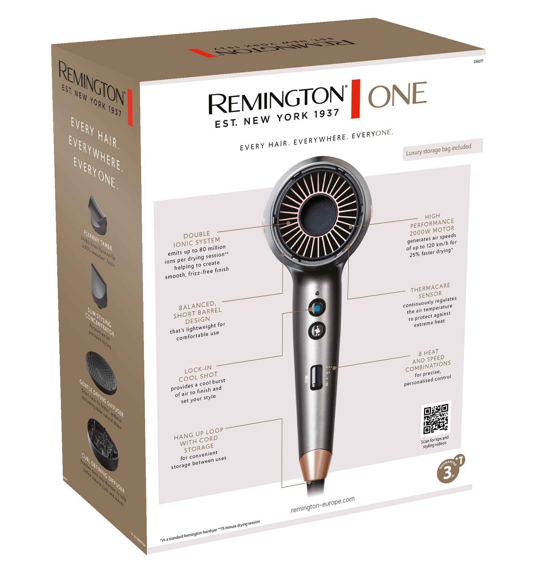 Remington ONE Sèche-cheveux ionique [séchage rapide] 4 embouts (120 km/h flux d'air, 2000 W, finition lisse & séchage doux, diffuseur, concentrateur fin, 8 combinaisons de chauffage & vitesse) D6077