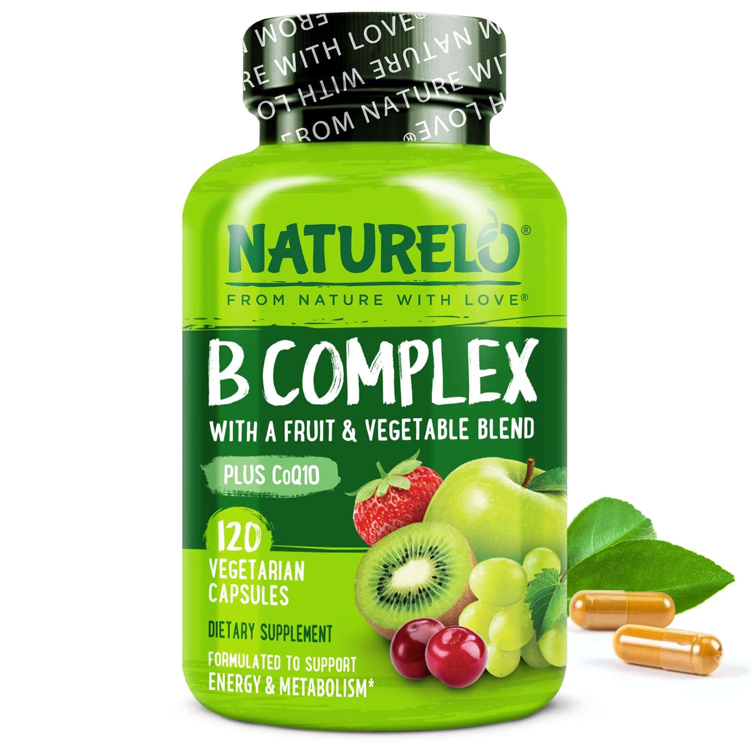 NATURELO Vitamin B Complex,120 Capsules, Vegan, CoQ10, Methyl Folate, Biotin, Fruit & Veg Blend, Supports Energy and Healthy Stress Response, Super B Complex Vitamins for Women and MenNATURELO Vitamin B Complex,120 Capsules, V…