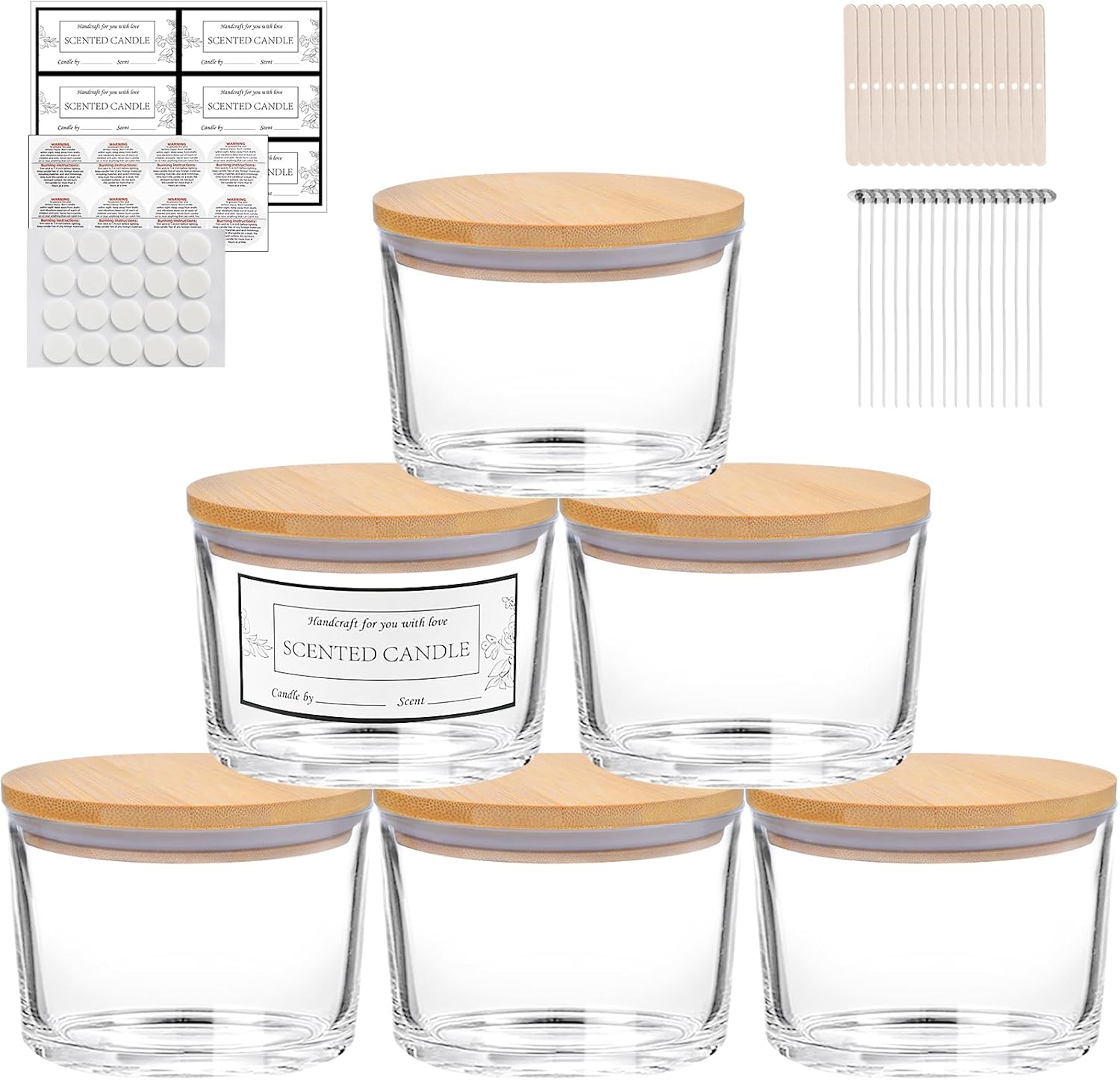 CONNOO 6-Pack 16 oz Candle Jars - 3-Wick Clear Empty Glass Wide Mouth Candle Jars Come with Bamboo Lids, Sticky Warning Labels, and a Candle Wick Kit for Candle Making - Dishwasher Safe