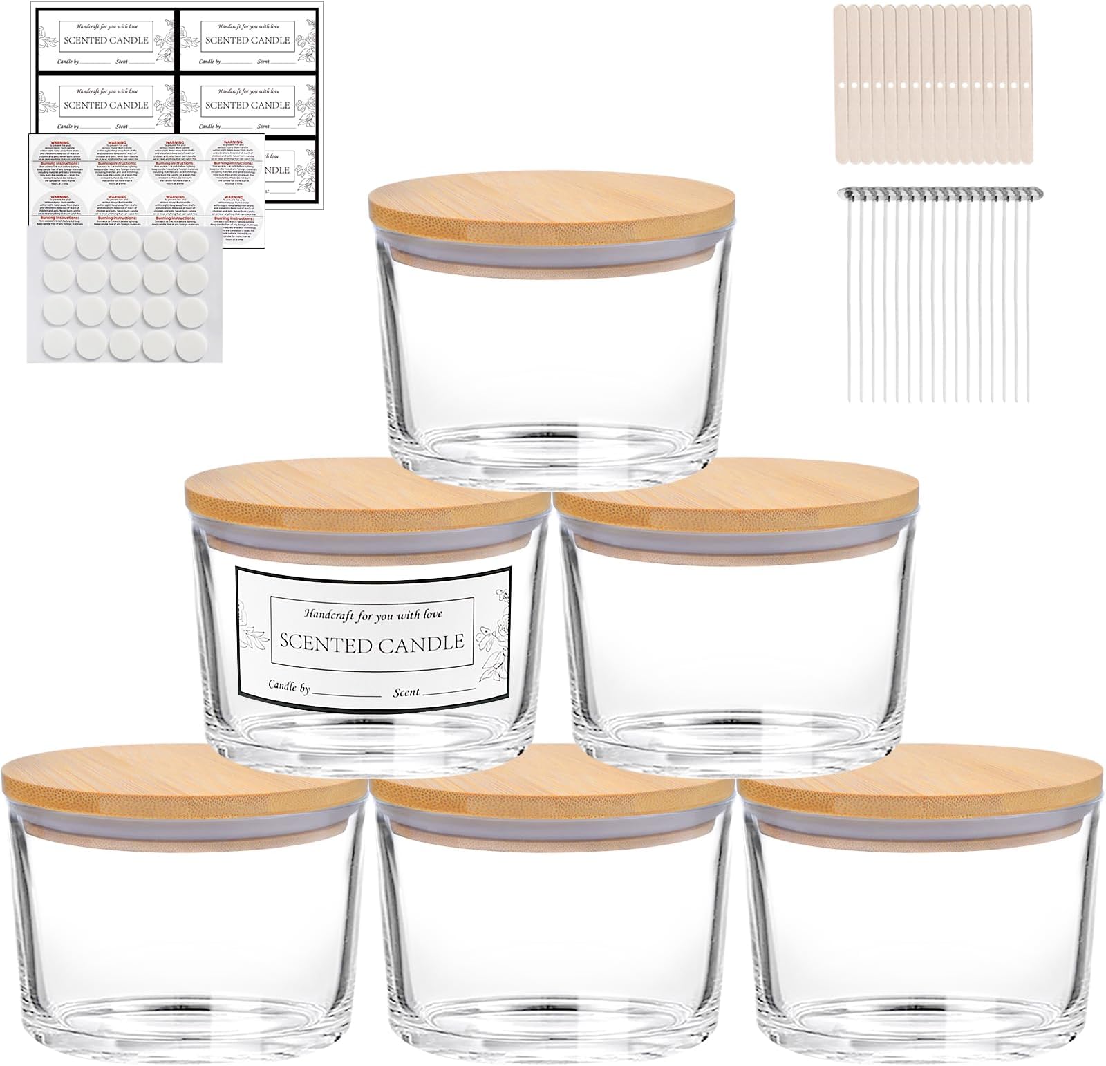 CONNOO 6-Pack 16 oz Candle Jars - 3-Wick Clear Empty Glass Wide Mouth Candle Jars Come with Bamboo Lids, Sticky Warning Labels, and a Candle Wick Kit for Candle Making - Dishwasher Safe