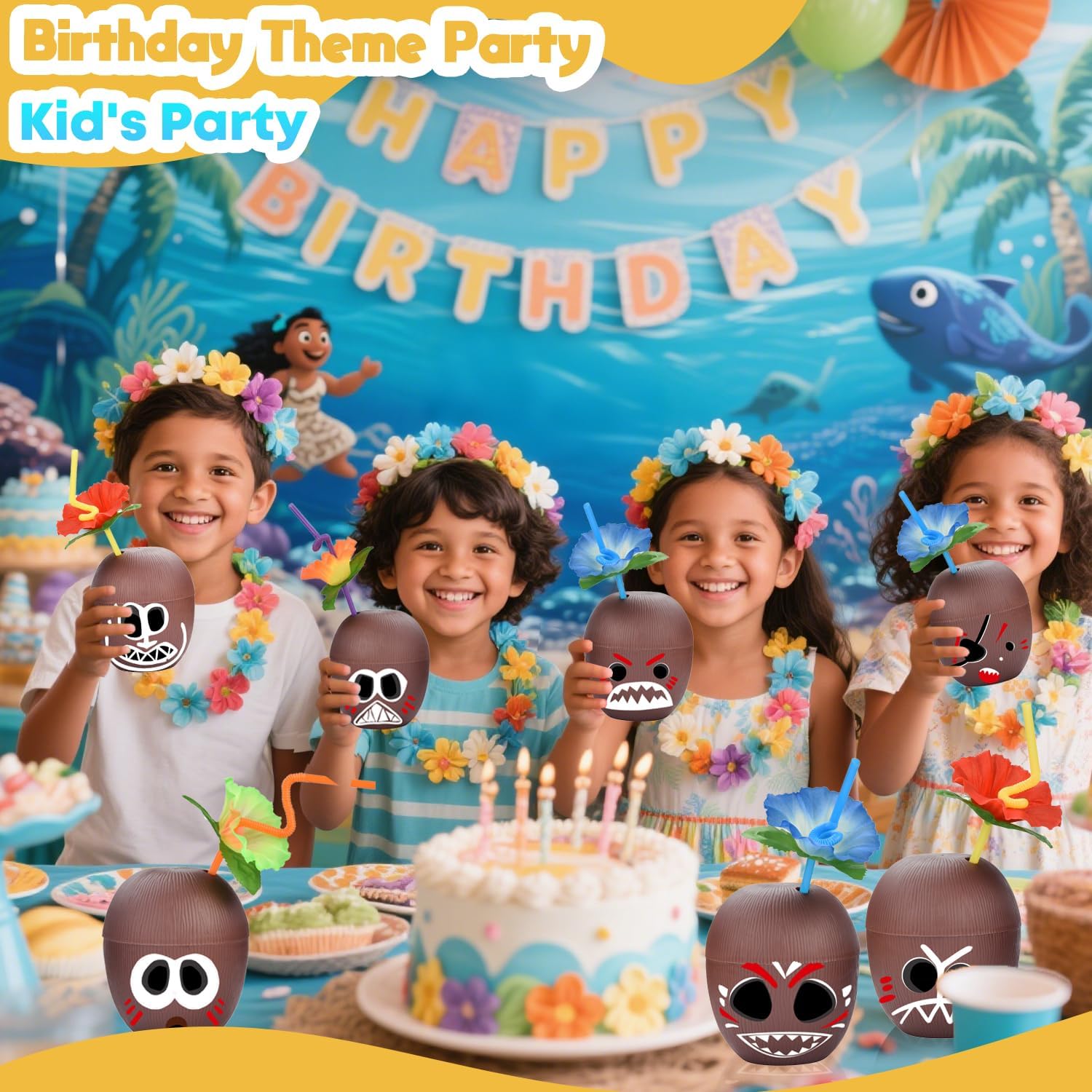NINU 12 Pack Coconut Cups with 12 Straws 12 Cocktail Drink Picks and 12 stickers, DIY Tropical Hawaiian Luau Tiki and Beach Party Decorations for Adults