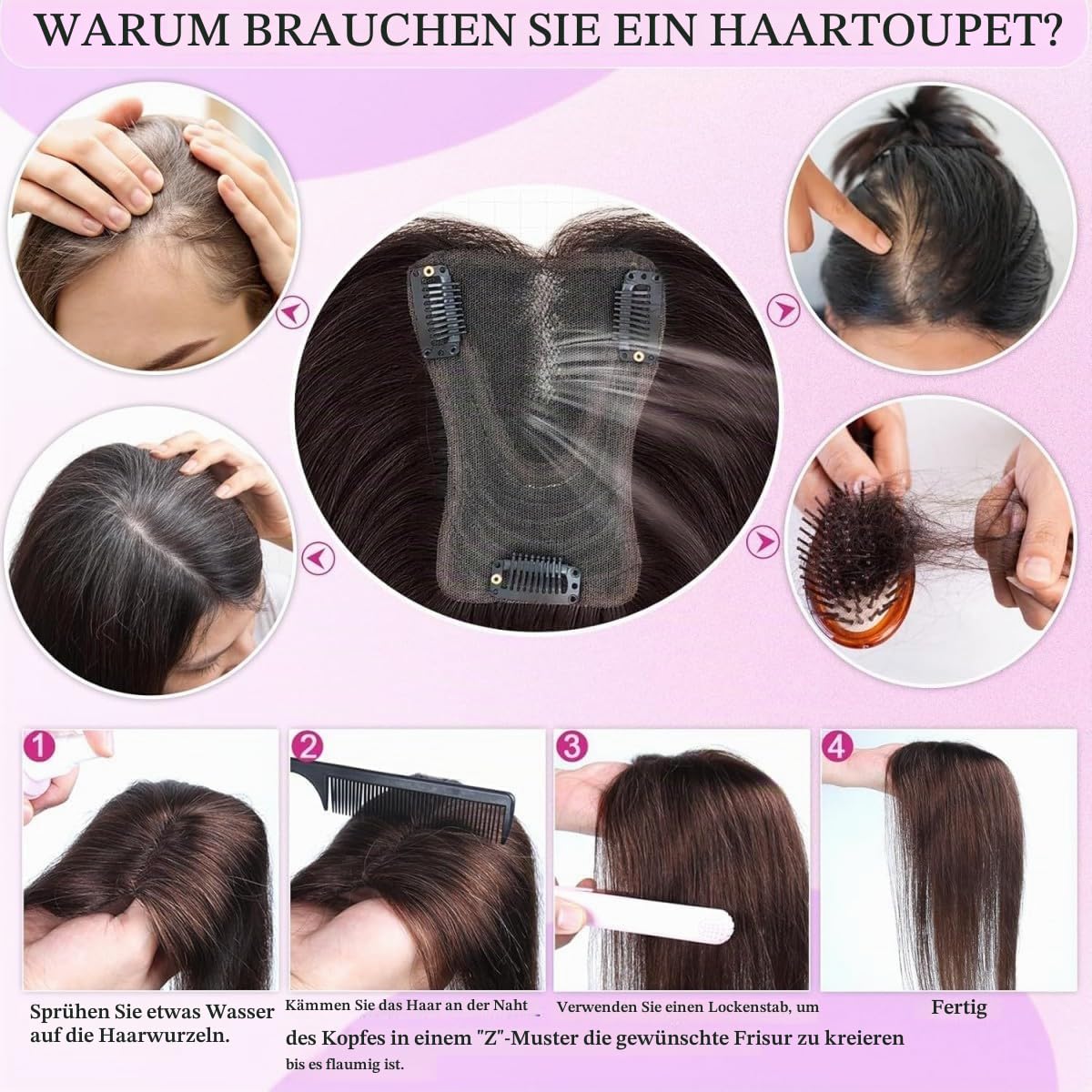 Haar Toppers für Frauen Echthaar Natürliche Schwarze Clip in Haarteile Echthaar für Dünnes Haar Oberkopf Flauschiger Hair Topper Ohne Pony