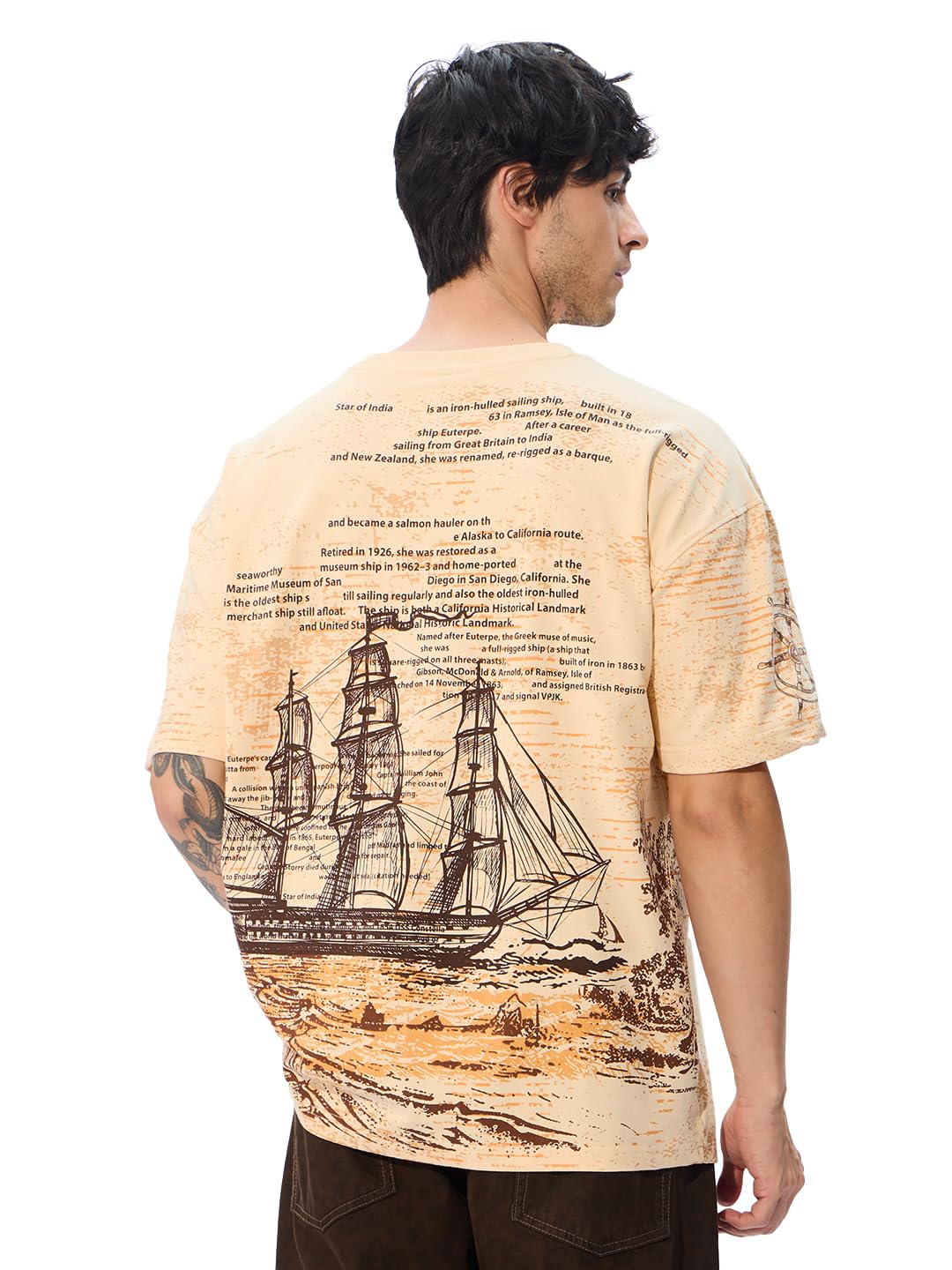 The Souled StoreLet's Sail Men and Boys Short Sleeves Round Neck Beige Graphic Printed Cotton Oversized T-Shirts