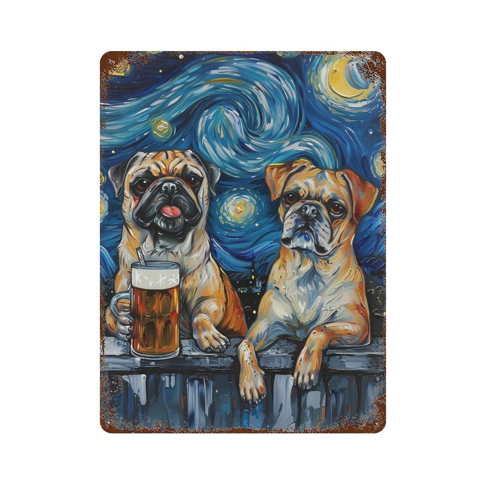 Starry Night Pugs with Beer Rust Effect Tin Sign 15.7"x11.8", for Farmhouse, Kitchen And Entryway Decor, Decorative Metal Wall Art