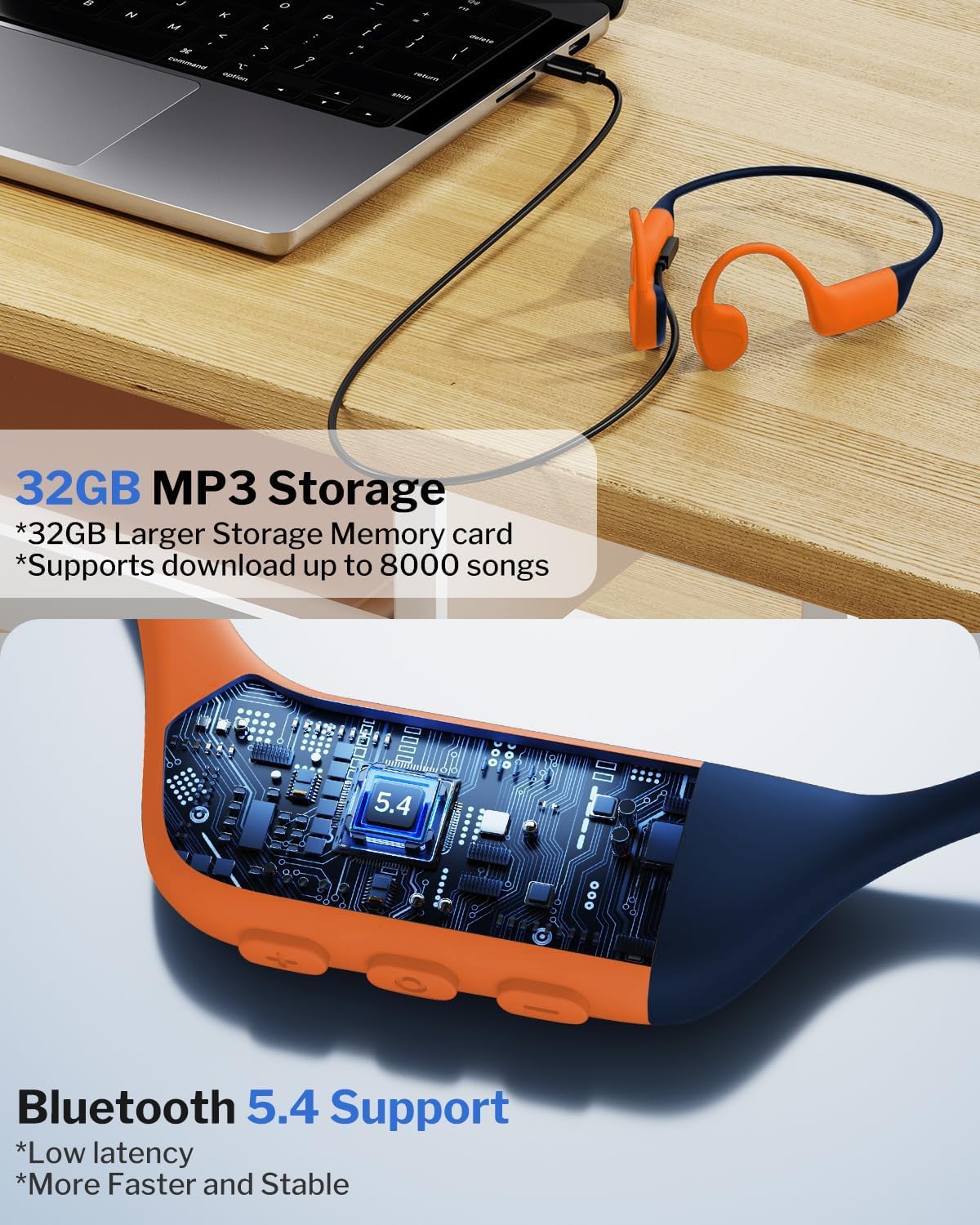 Bone Conduction Swimming Headphones,Waterproof IP68,Bluetooth 5.4, Built-in 32GB TF Swimming Headphones Underwater Music Player, Open Ear Bluetooth Earbuds (Orange) - Image 7