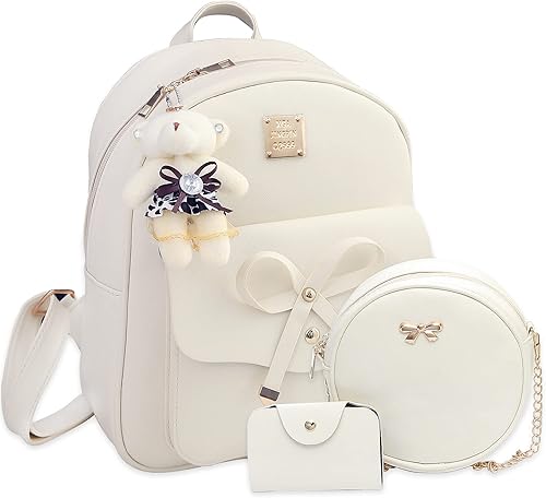 K.E.J. Mini mochila de cuero Bowknot de 3 piezas, linda mochila pequeña para mujer, Beige, Mochilas Daypack