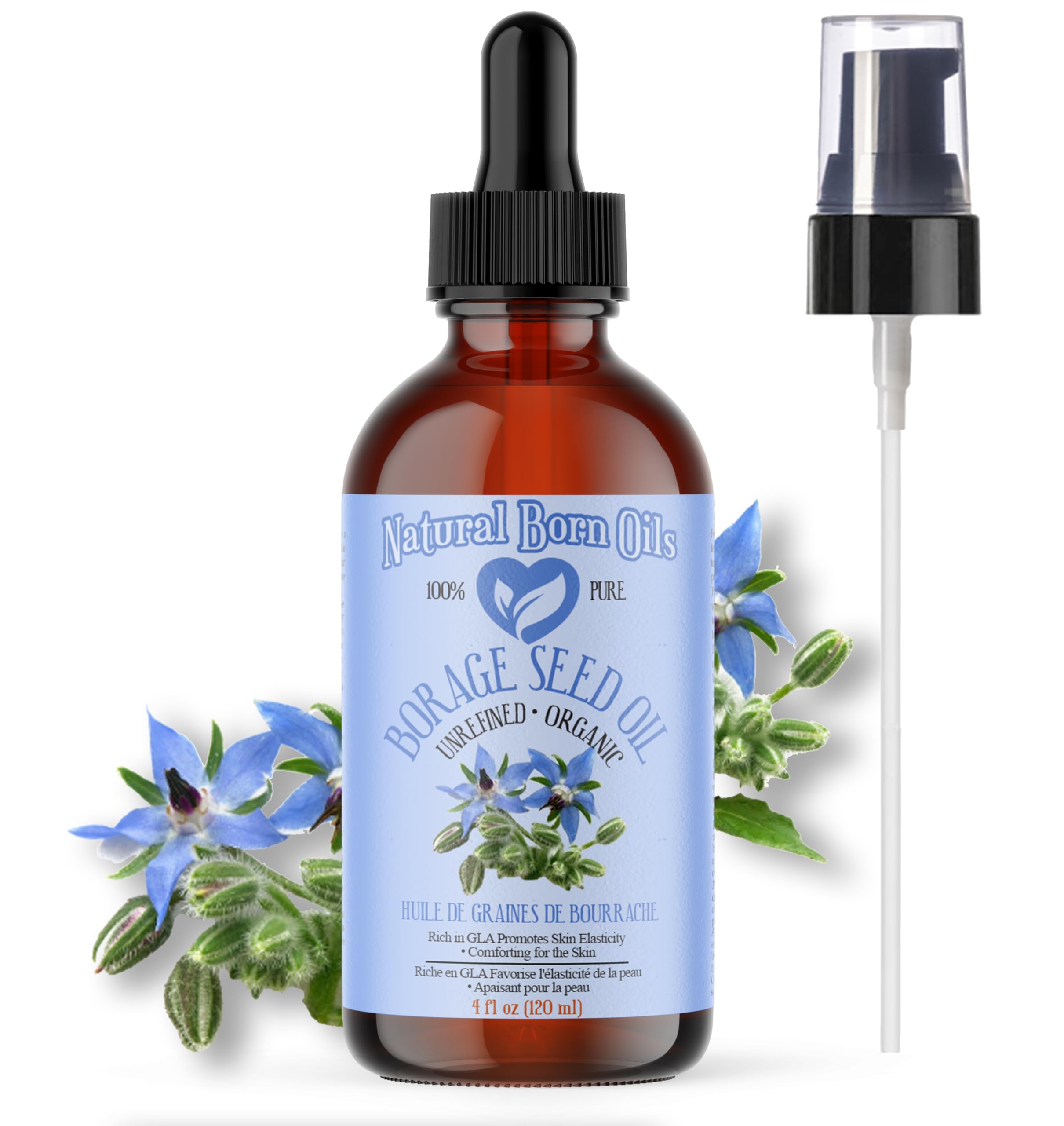 SALE! 4oz Borage Seed Oil, 100% Pure and Natural, Cold-Pressed, Unrefined, For All Skin Types – Rich in GLA - Includes Pump & Dropper