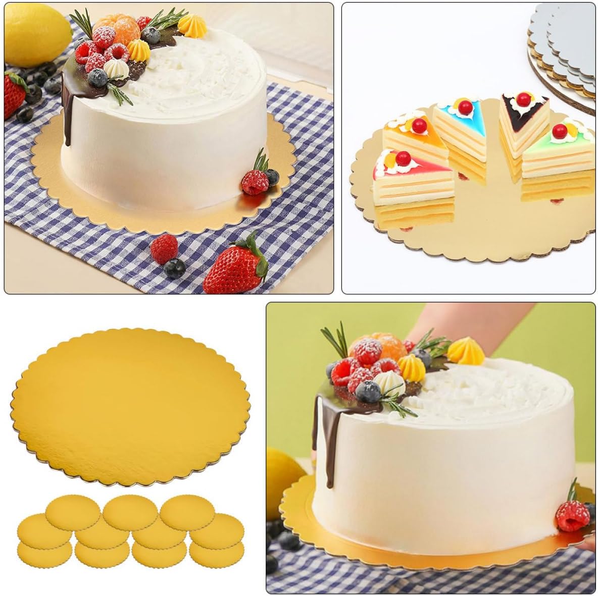 SOLUSTRE 12pcs 10" Metallic round Cake Base Boards Sturdy Cake Display Circles for Birthday and Mousse Baking and Serving Supplies