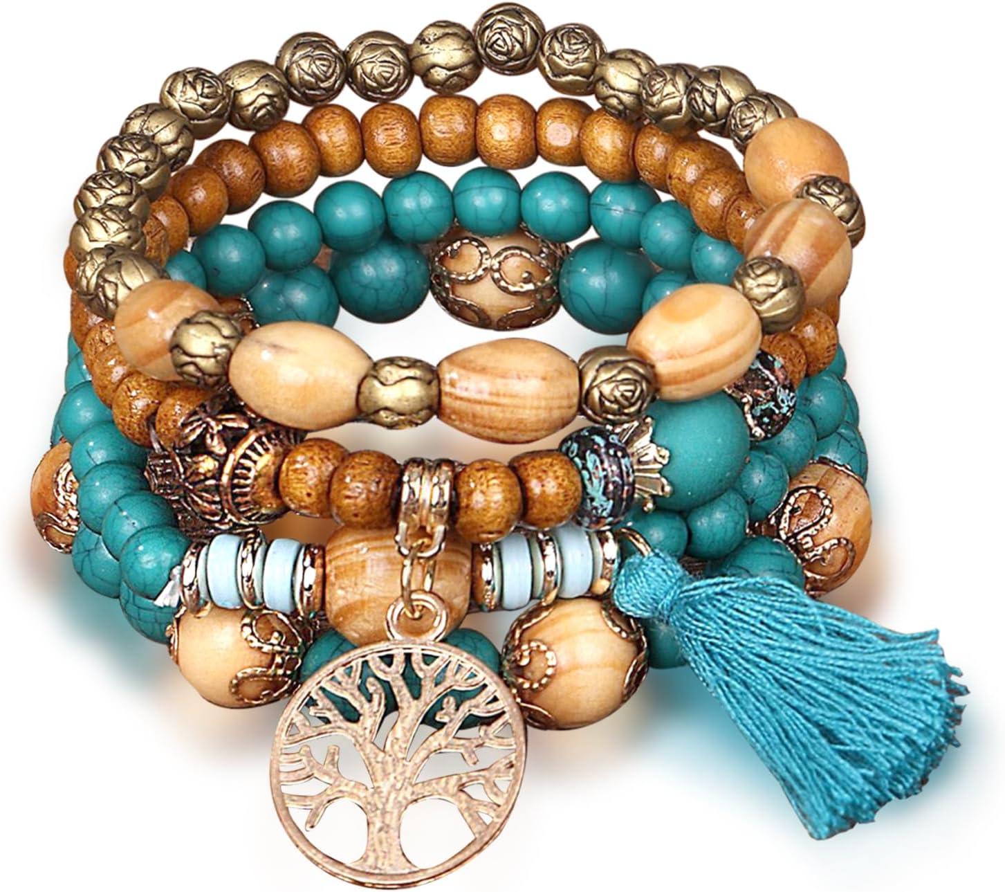 Sternstunde 4 stuks Boho armbanden voor dames, chakra-armband voor vrouwen, sieraden, boho-armbanden met houten kralen en kwast, chakra-armband, levensboomcharme, liefde, statement-armbanden, 18*1cm