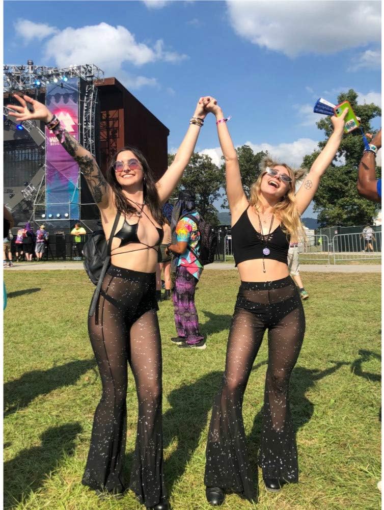 Women Rave Mesh Sheer Pants Flared Bell Bottom Pants for Dance Festival Clubwear - Image 2