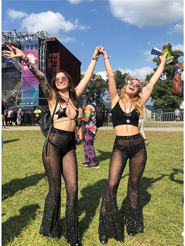 Miniatura 2 de Pantalones de malla transparente para mujer, acampanados, para festivales de baile, clubes