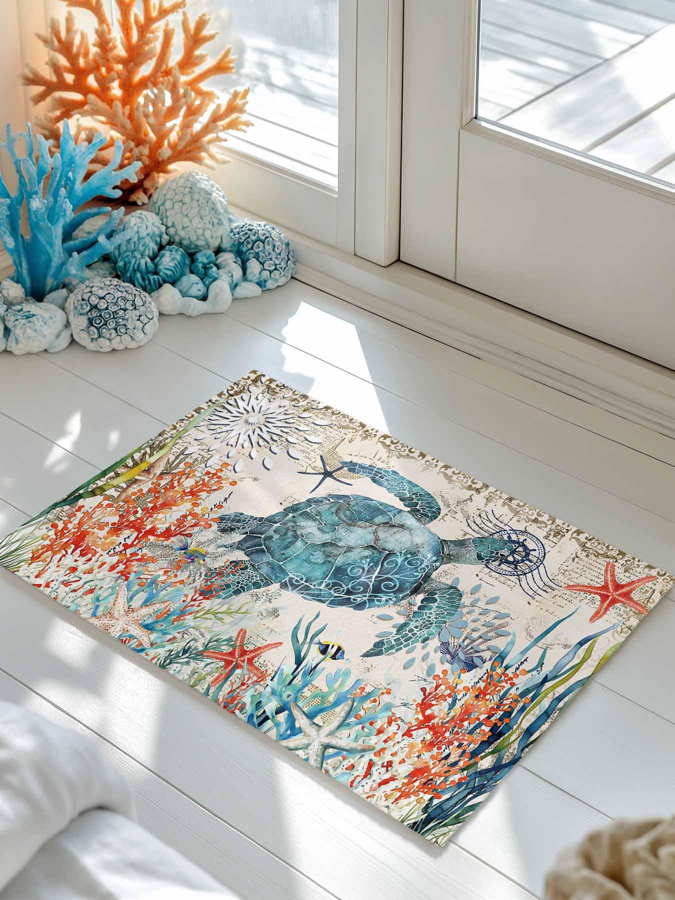Welcome Doormat Summer Turtle Watercolor Coral Non-Slip Front Door Mat Absorbent Bath Mats Cartoon Starfish Retro Backdrop Kitchen
