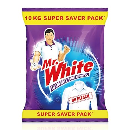 MR WHITE Detergent Powder 10 Kg, Super Saver Pack|Whiteness Boosters Gives Ultimate Whiteness|No Bleach Formula Keeps Coloured Clothes Bright And Safe|For Bucket Wash & Top Load Washing Machines