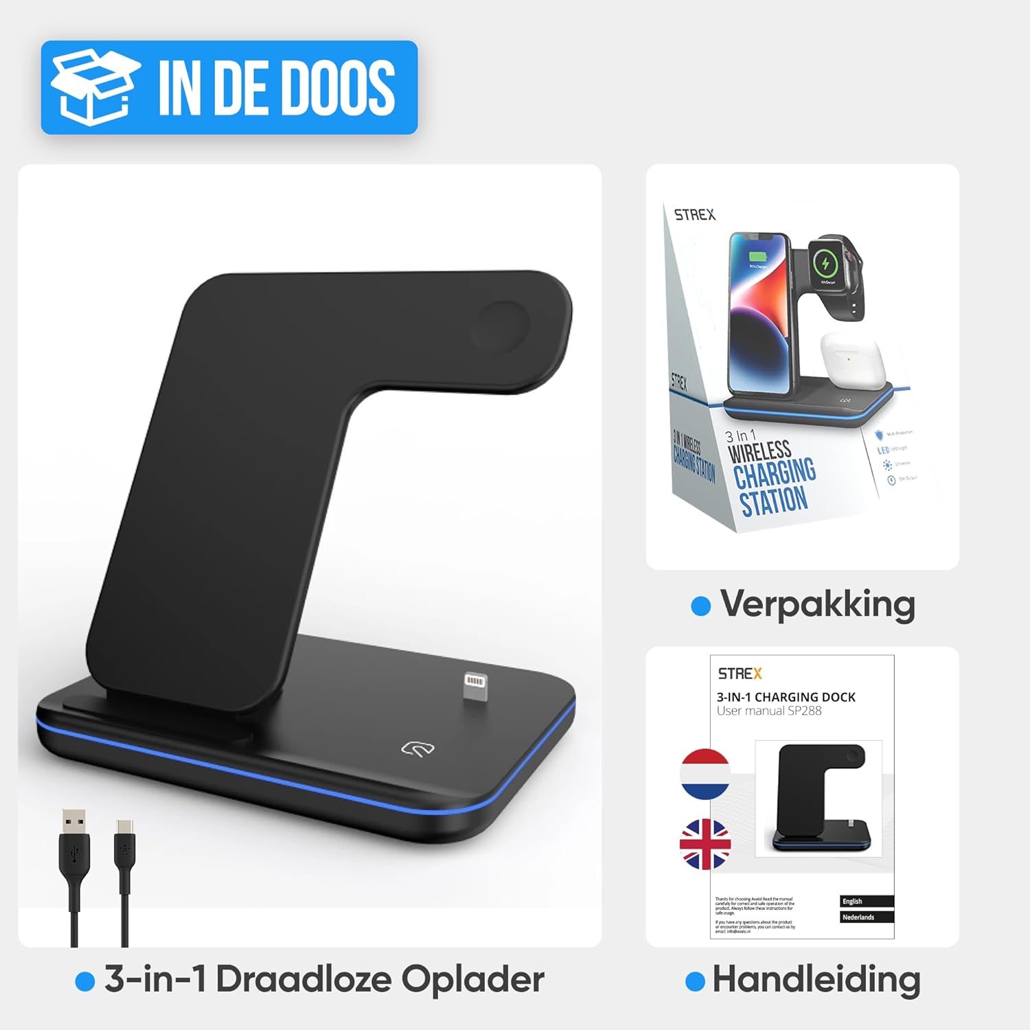 Contents of the Strex 3-in-1 Wireless Charger box, showing the charger, USB-C cable, and manual