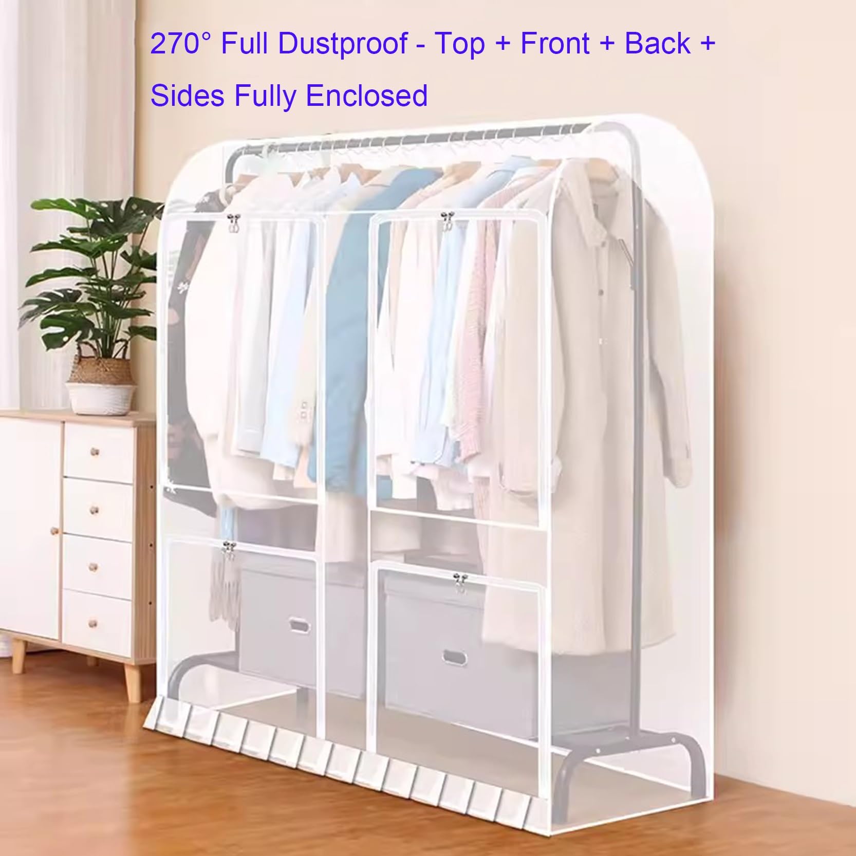 Funda Transpirable para Perchero de 1,2 m/1,5 m/1,6 m, a Prueba de Polvo, con Cremallera y 4 Ventanas Transparentes de PEVA, para Abrigos, Trajes y Vestidos (Blanco, 150 x 50 x 150 cm).