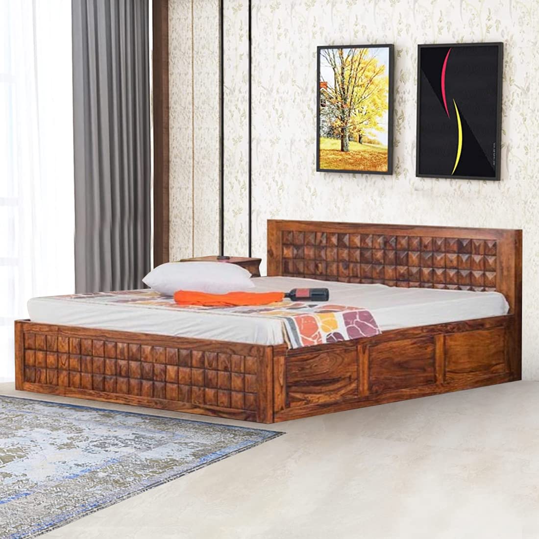 DEVKI INTERIORS Kingdom Sheesham Wood Queen Size Bed with Storage for
