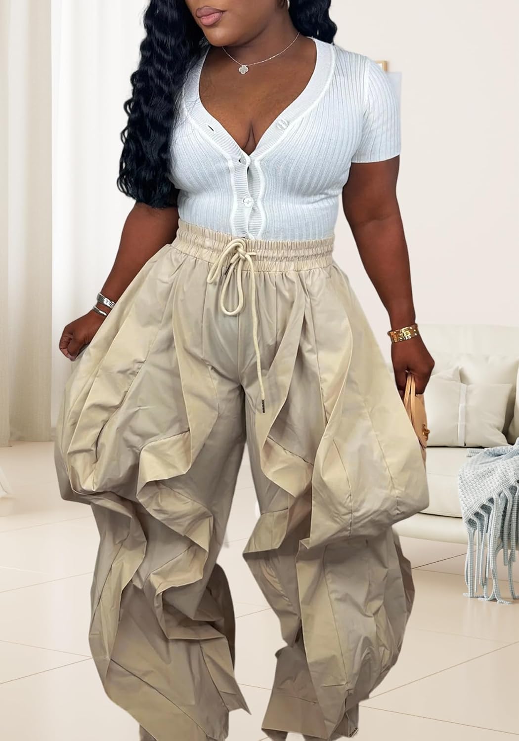 Women Casual Baggy Cargo Pants Trendy High Waisted Ruffle Patchwork Long Trousers with Drawstring - Image 4