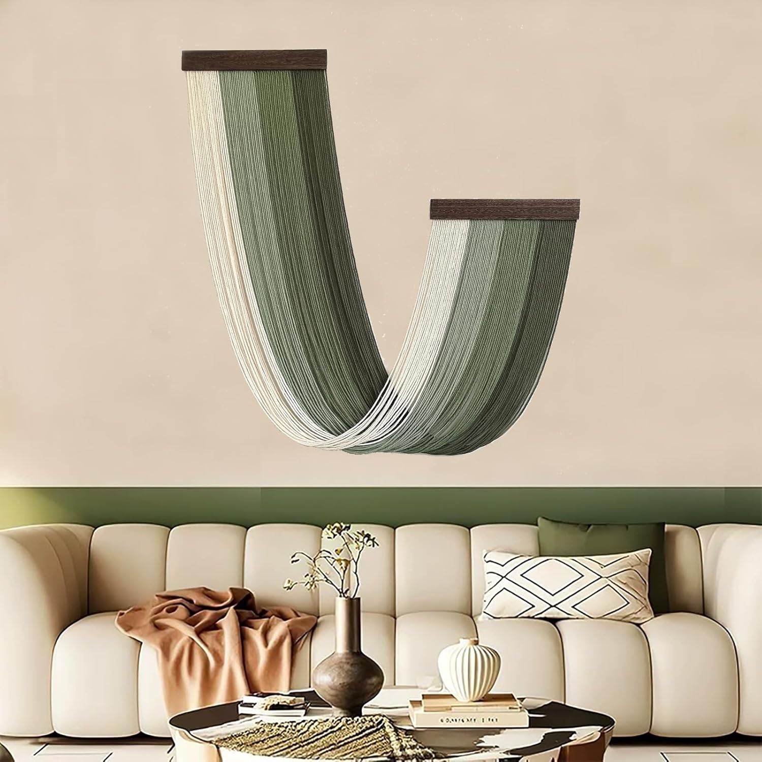 Achart Large Macrame Wall Hanging Dip Dyed Yarn Tapestry Ombre Yarn Gradient Color Macrame Wall Decor Macrame Tapestry Boho Decor for Bedroom Living Room Headboard Above Bed (Green)