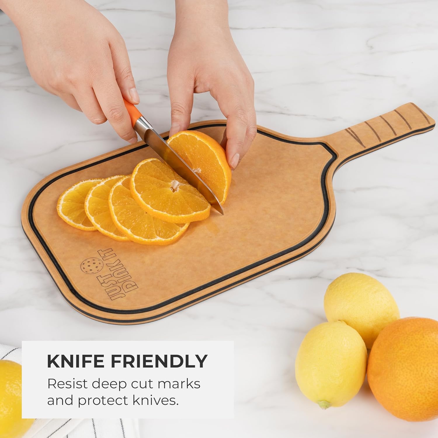 Elihome Pickleball Charcuterie & Cutting Board, Pickleball Gifts for Women Men, Wood Fiber 16 x 8.5, Paddle Shape with Handle, Dishwasher Safe, Reversible Design, Juice Groove - "Just Dink It"