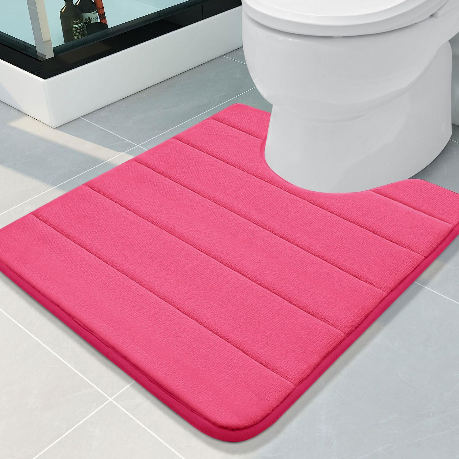 Buganda Memory Foam U-Shaped Contour Toilet Rugs, Non Slip Absorbent Toilet Mat, Thick Soft Washable Bathroom Rugs, Floor Carpet Bath Rugs Mat for Toilet Base (24" x 20", Deep Pink)