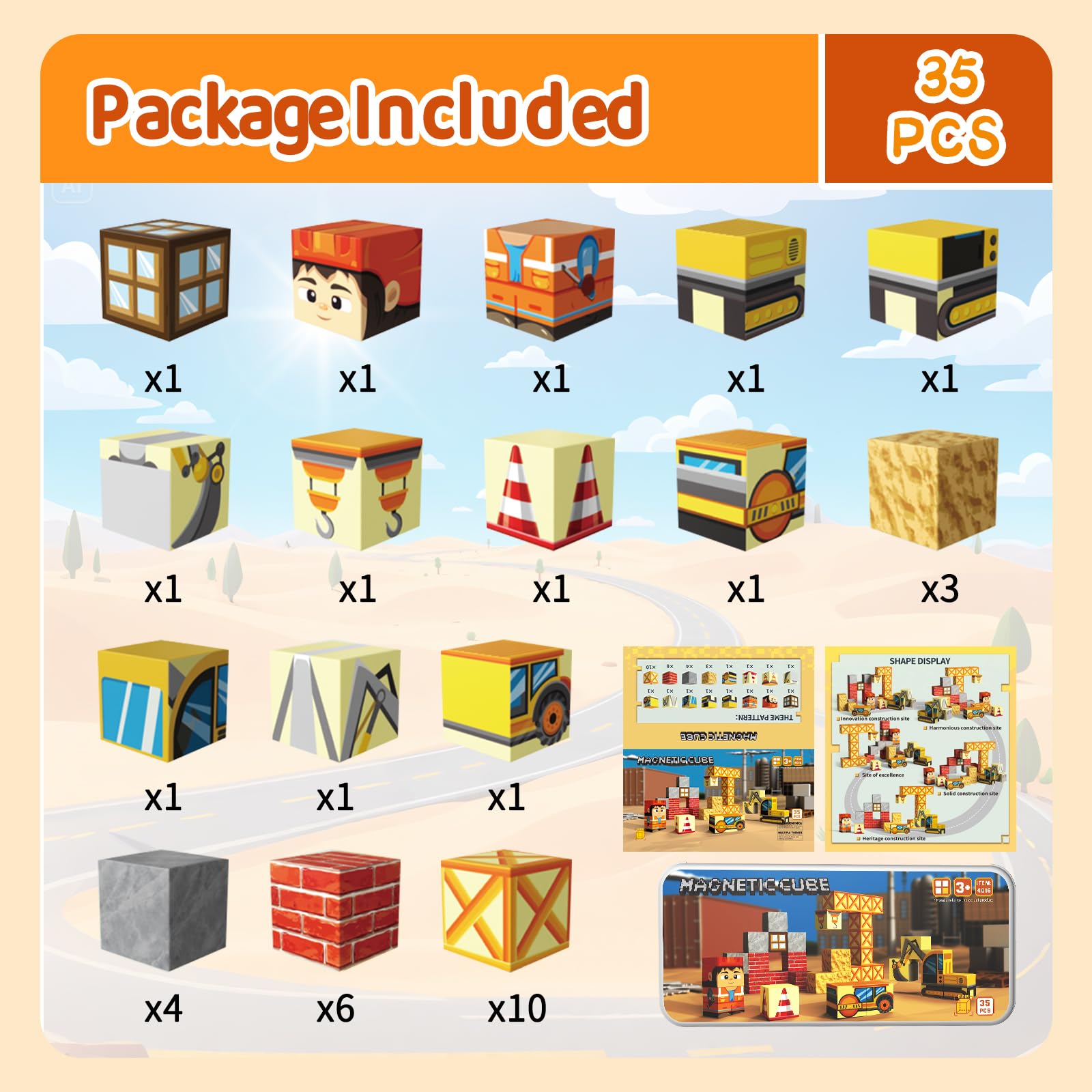 Bloques magnéticos con caja magnética, 35 cubos magnéticos, azulejos magnéticos para niños, juguetes de viaje, viaje por carretera, juguete sensorial de Navidad, regalos de cumpleaños para niños 7