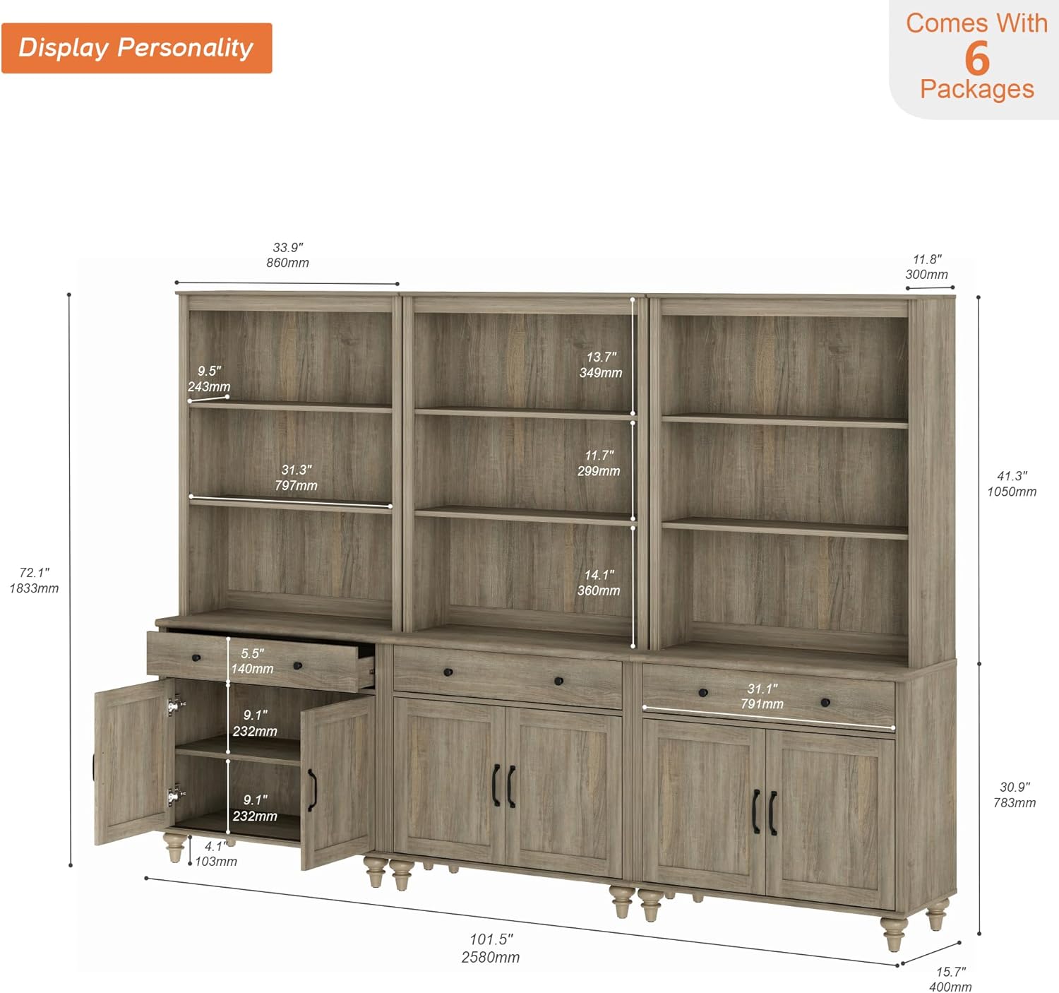 WAMPAT Wash Grey Bookcase with Drawers and Doors Set of 3, 5 Tier Bookshelf, 72'' Tall Book Case Shelf, Large Wood Bookcases Farmhouse Bookshelves for Living Room Bedroom Home Office Kitchen
